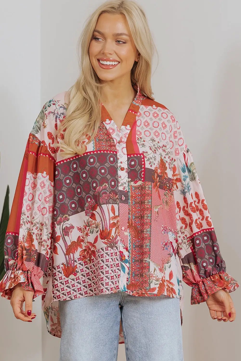 Grateful Threads Boutique Red Boho Bubble Sleeve Shirt - Shirts