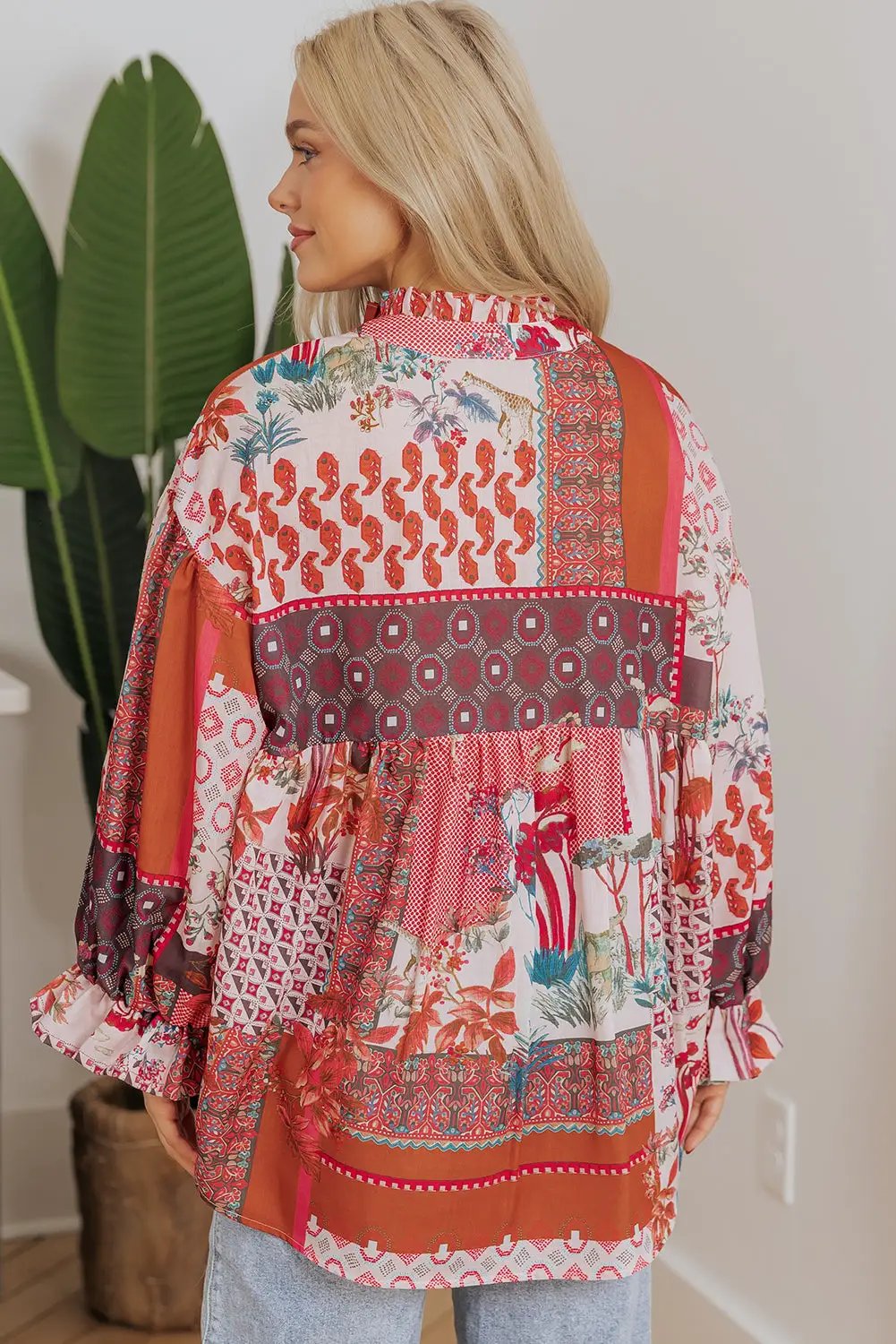 Grateful Threads Boutique Red Boho Bubble Sleeve Shirt - Shirts