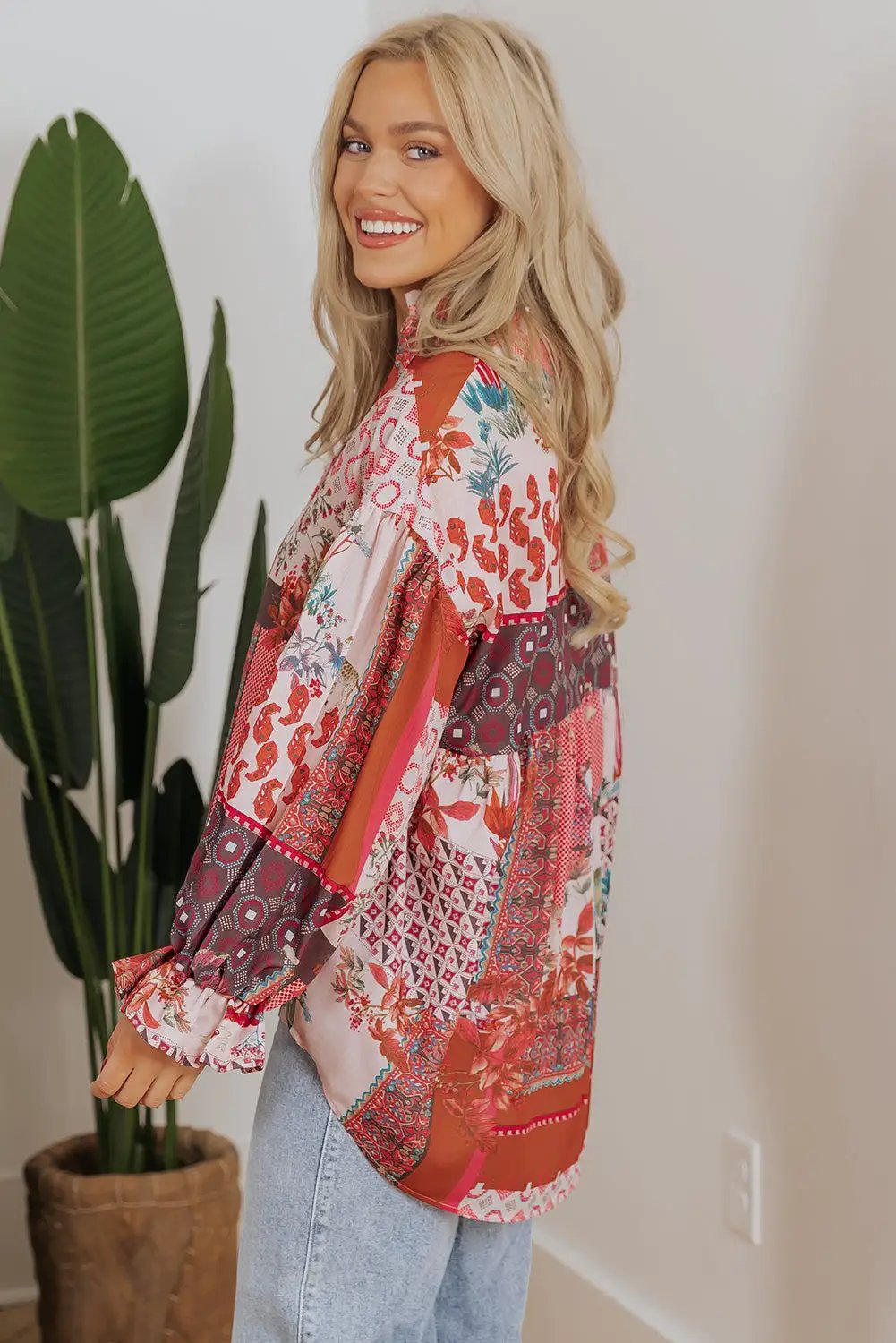 Grateful Threads Boutique Red Boho Bubble Sleeve Shirt - Shirts