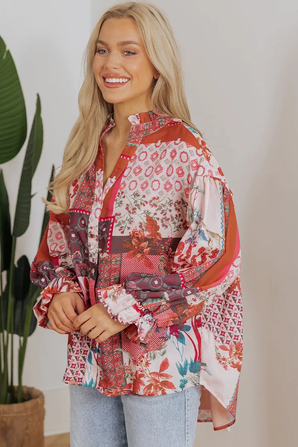 Grateful Threads Boutique Red Boho Bubble Sleeve Shirt - Shirts