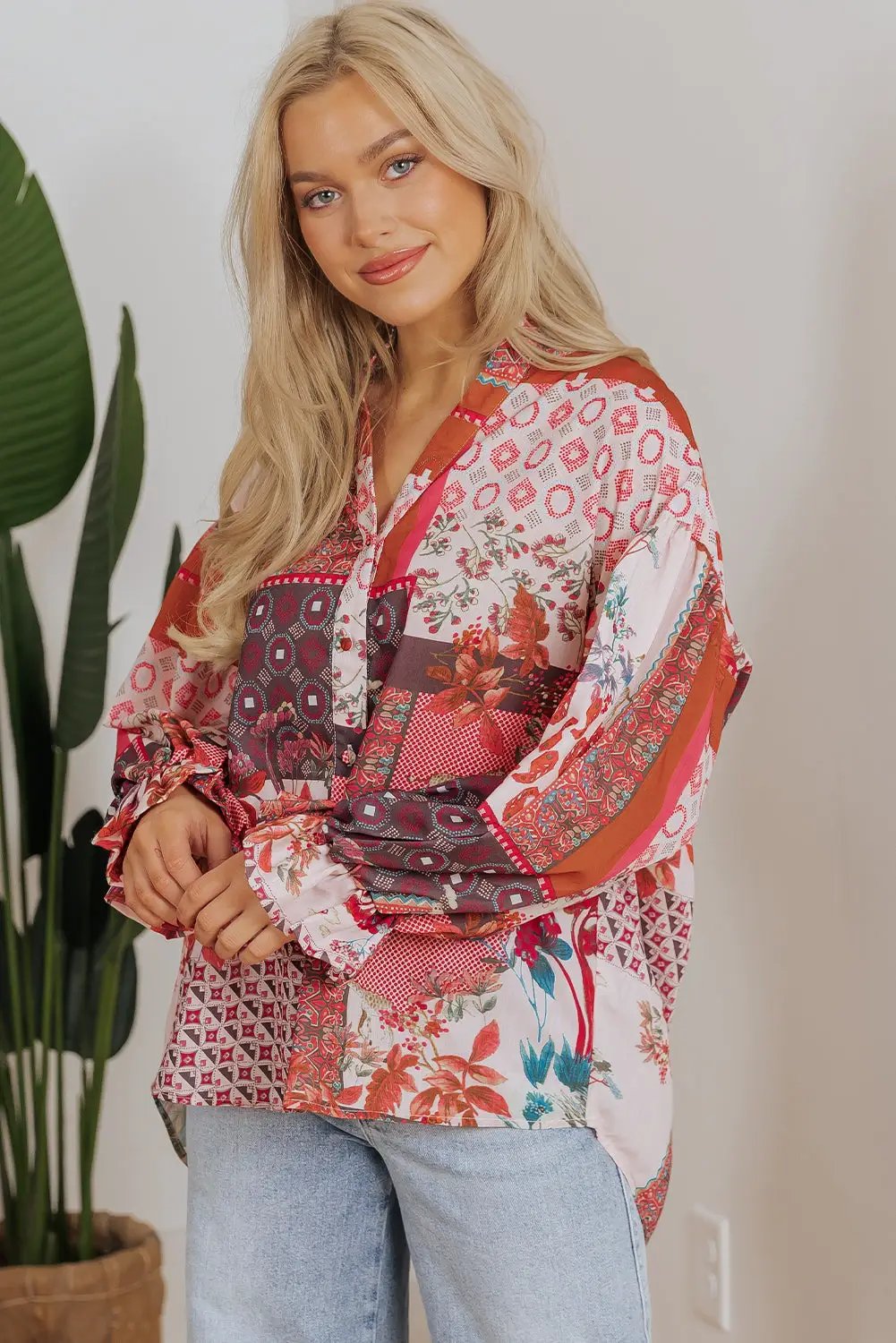Grateful Threads Boutique Red Boho Bubble Sleeve Shirt - Shirts