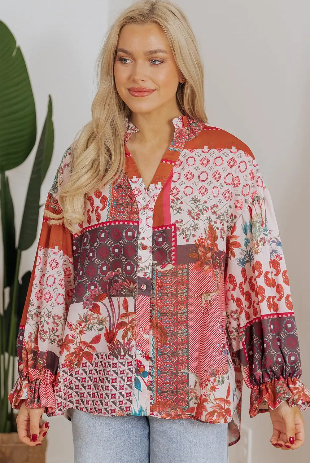 Grateful Threads Boutique Red Boho Bubble Sleeve Shirt - Shirts