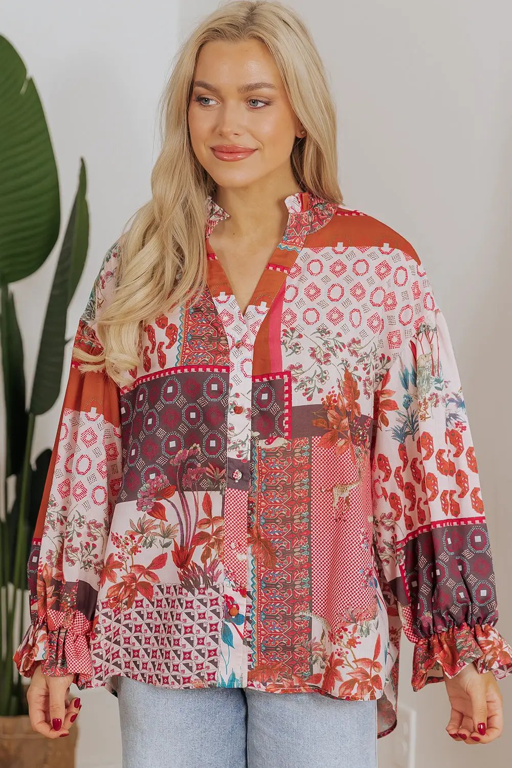Grateful Threads Boutique Red Boho Bubble Sleeve Shirt - Shirts