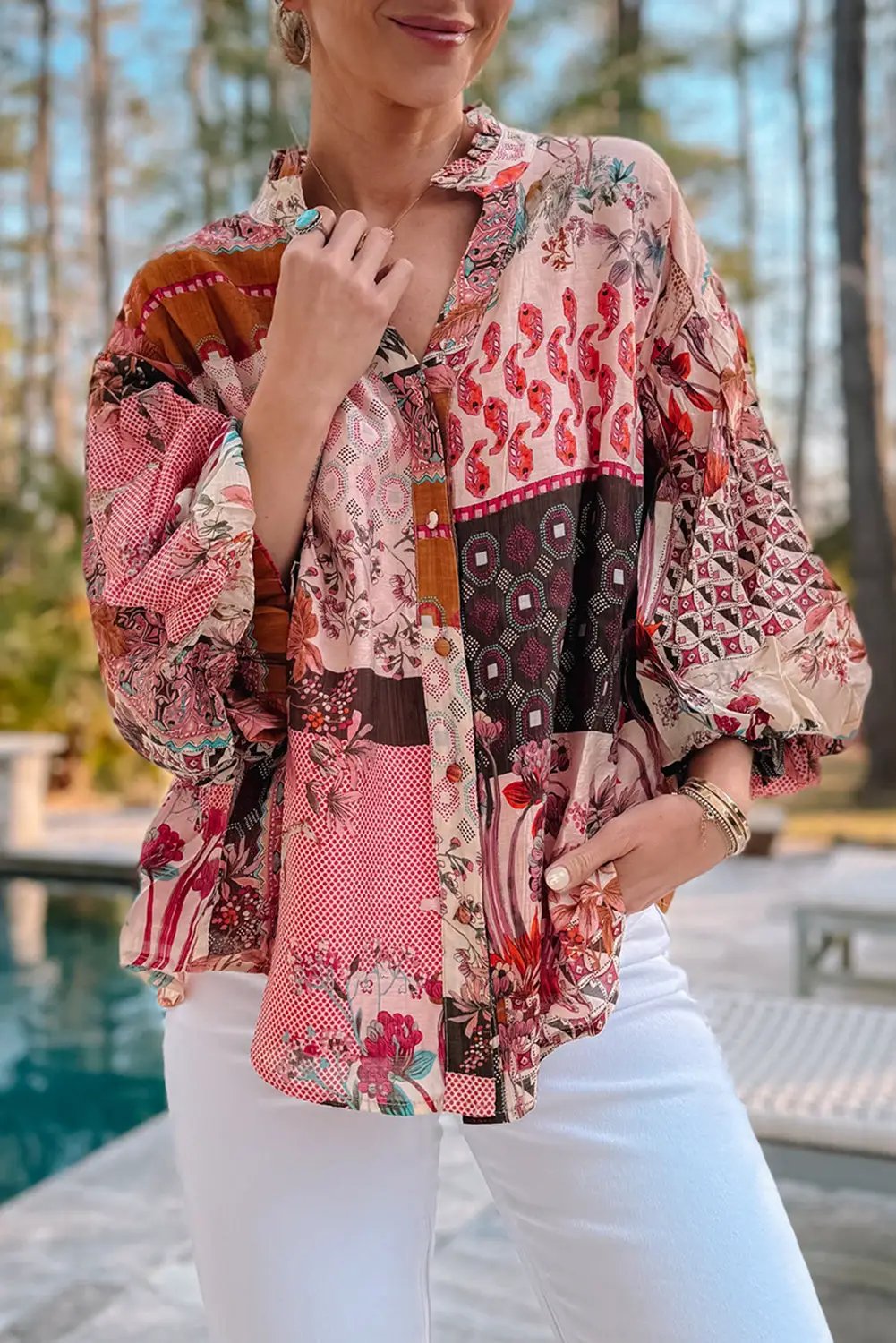 Grateful Threads Boutique Red Boho Bubble Sleeve Shirt - Shirts
