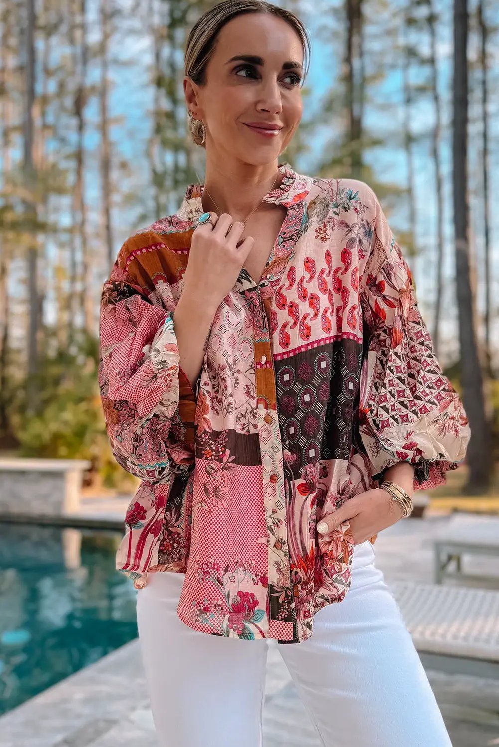 Grateful Threads Boutique Red Boho Bubble Sleeve Shirt - Shirts