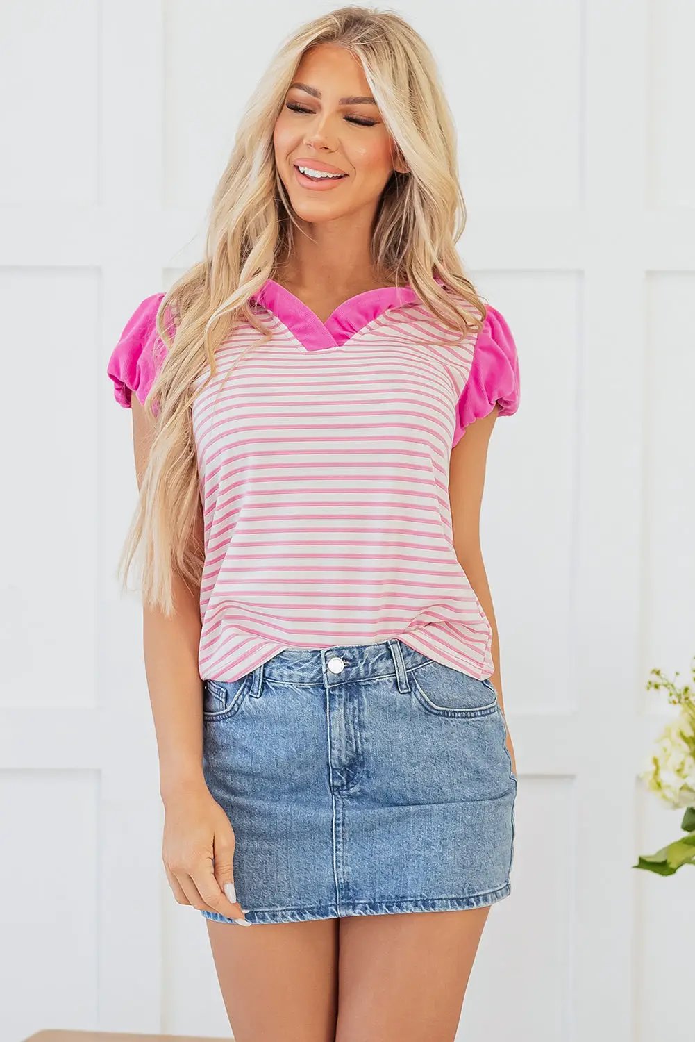 Grateful Threads Boutique Pink Stripe Ruffled V Neck Cap Puff Sleeve Top - Blouses Pink Stripe Ruffled V Neck Cap Puff Sleeve Top