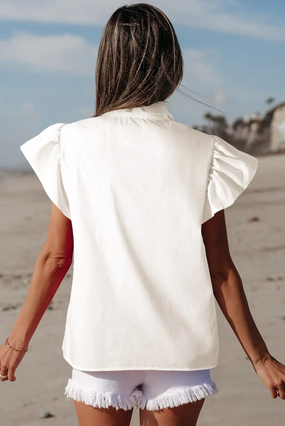Grateful Threads Boutique White Half Button Lace Patchwork Flutter Sleeve Blouse - Blouses White lace flutter sleeve top