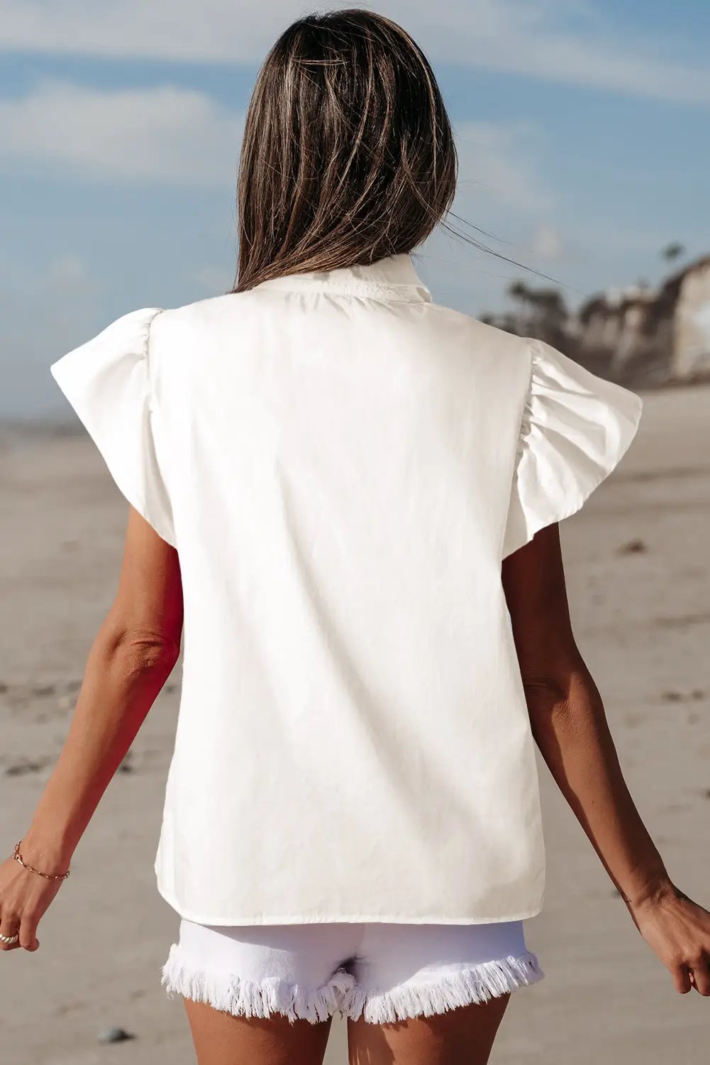 Grateful Threads Boutique White Half Button Lace Patchwork Flutter Sleeve Blouse - Blouses White lace flutter sleeve top