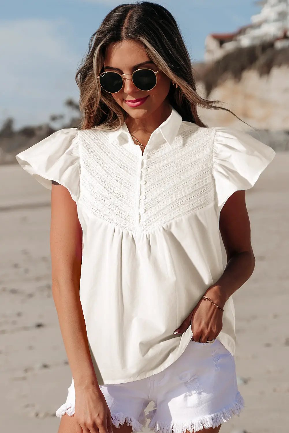 Grateful Threads Boutique White Half Button Lace Patchwork Flutter Sleeve Blouse - Blouses White lace flutter sleeve top