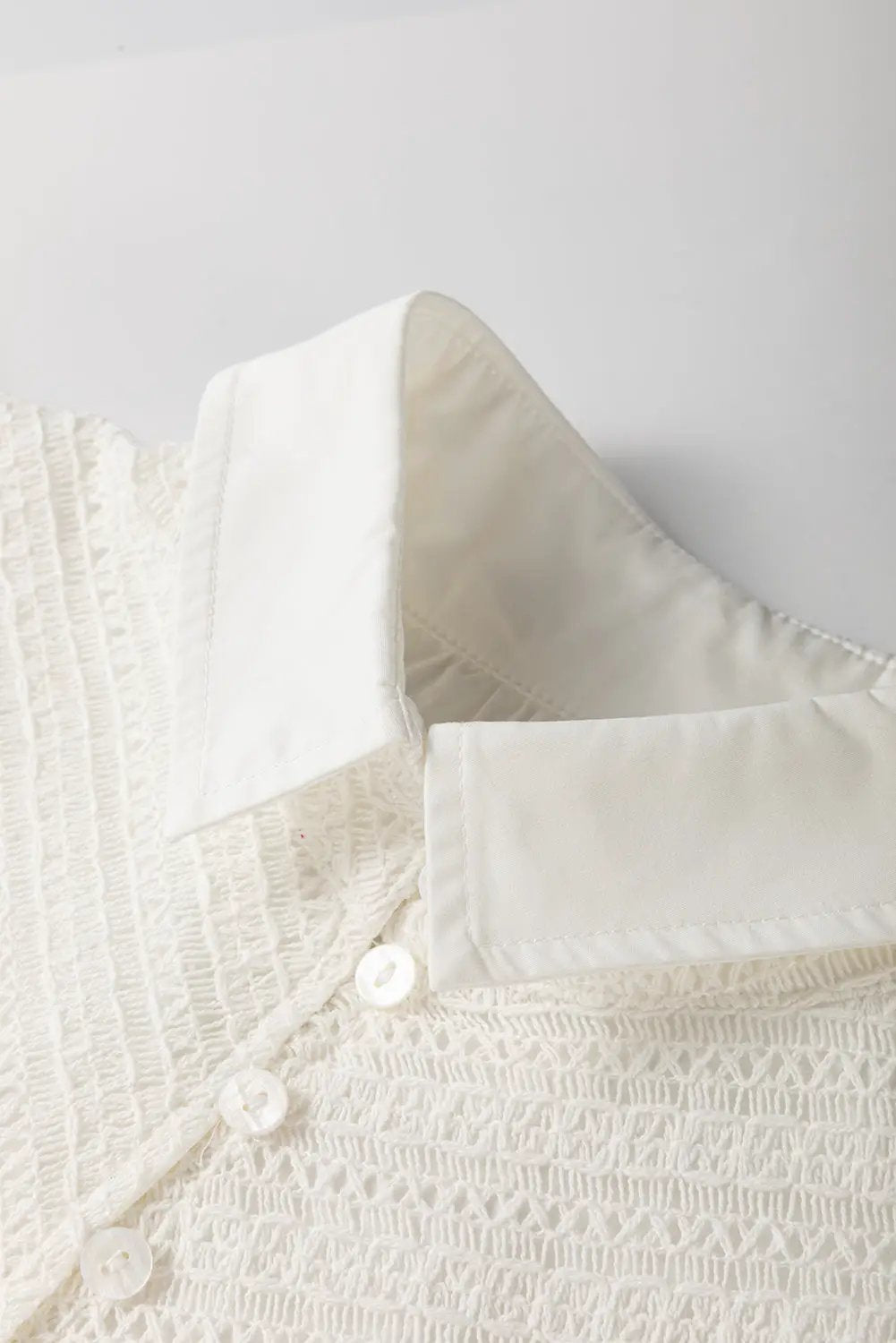 Grateful Threads Boutique White Half Button Lace Patchwork Flutter Sleeve Blouse - Blouses White lace flutter sleeve top