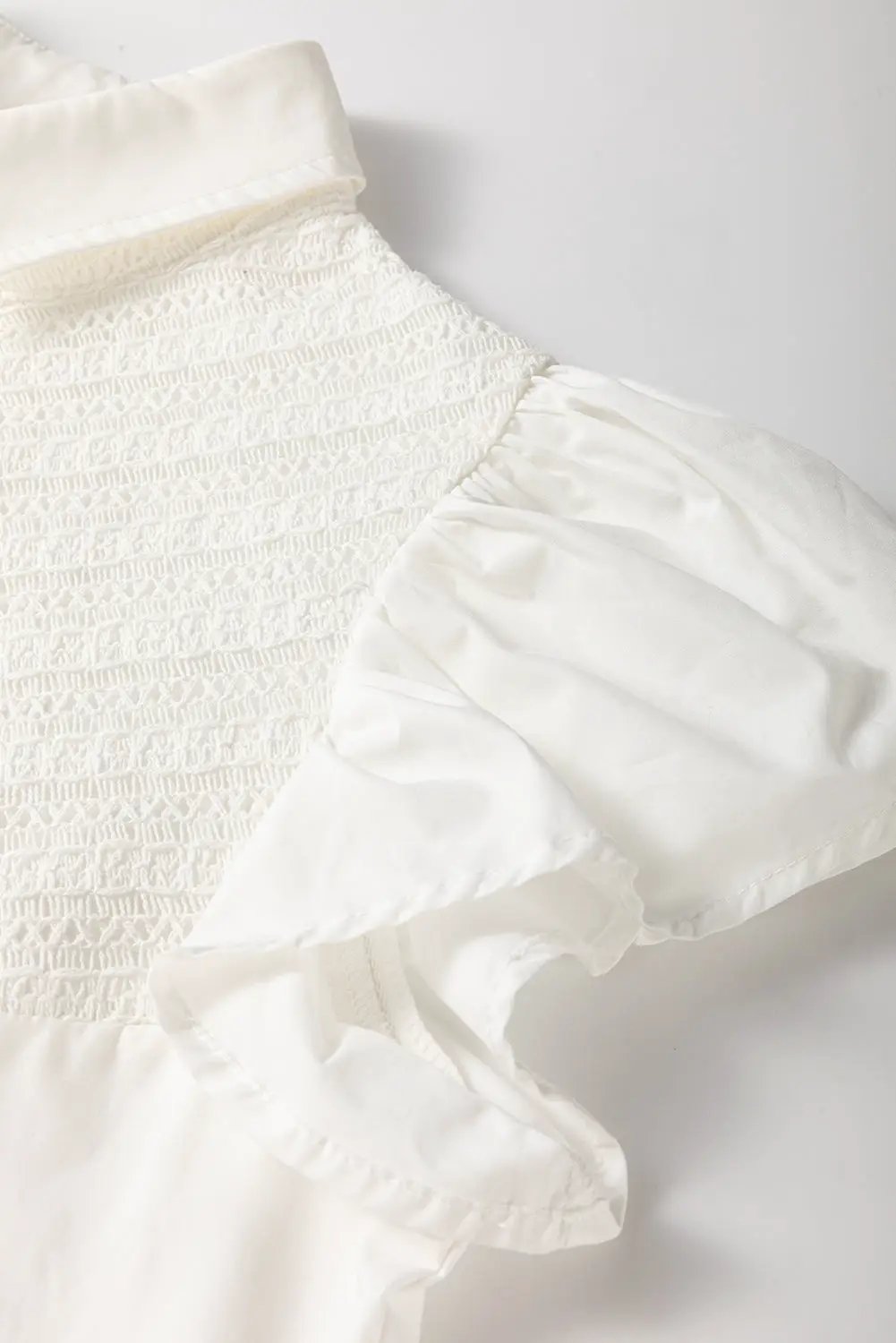 Grateful Threads Boutique White Half Button Lace Patchwork Flutter Sleeve Blouse - Blouses White lace flutter sleeve top