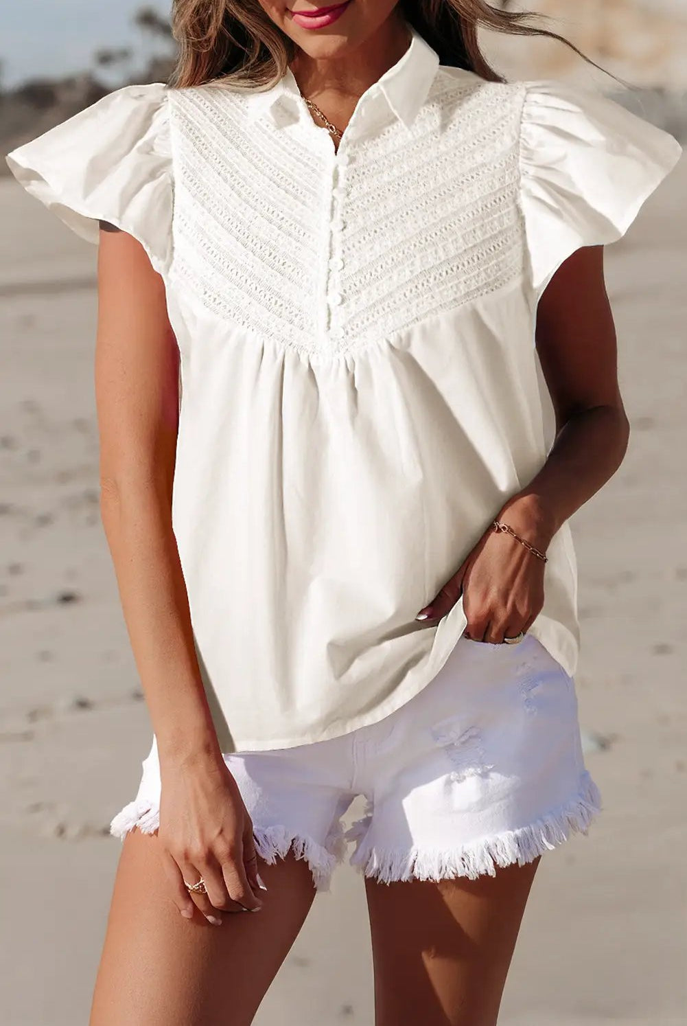 Grateful Threads Boutique White Half Button Lace Patchwork Flutter Sleeve Blouse - Blouses White lace flutter sleeve top