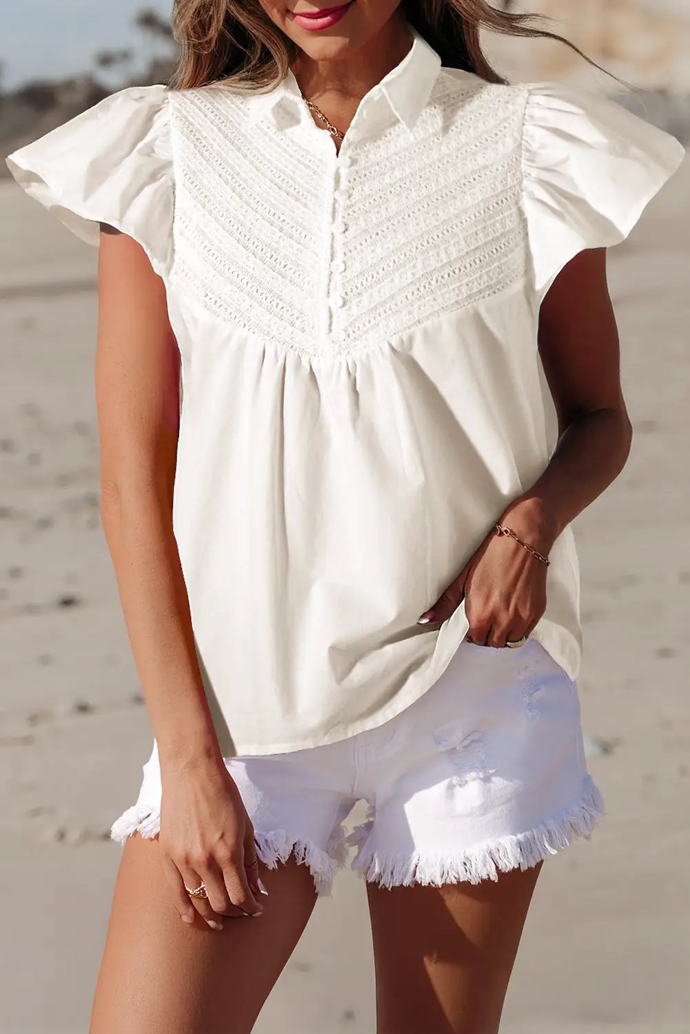 Grateful Threads Boutique White Half Button Lace Patchwork Flutter Sleeve Blouse - Blouses White lace flutter sleeve top
