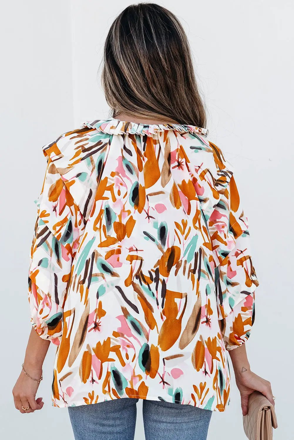 Grateful Threads Boutique Abstract Drawstring Frilled V Neck Blouse - Blouses Abstract Drawstring Blouse