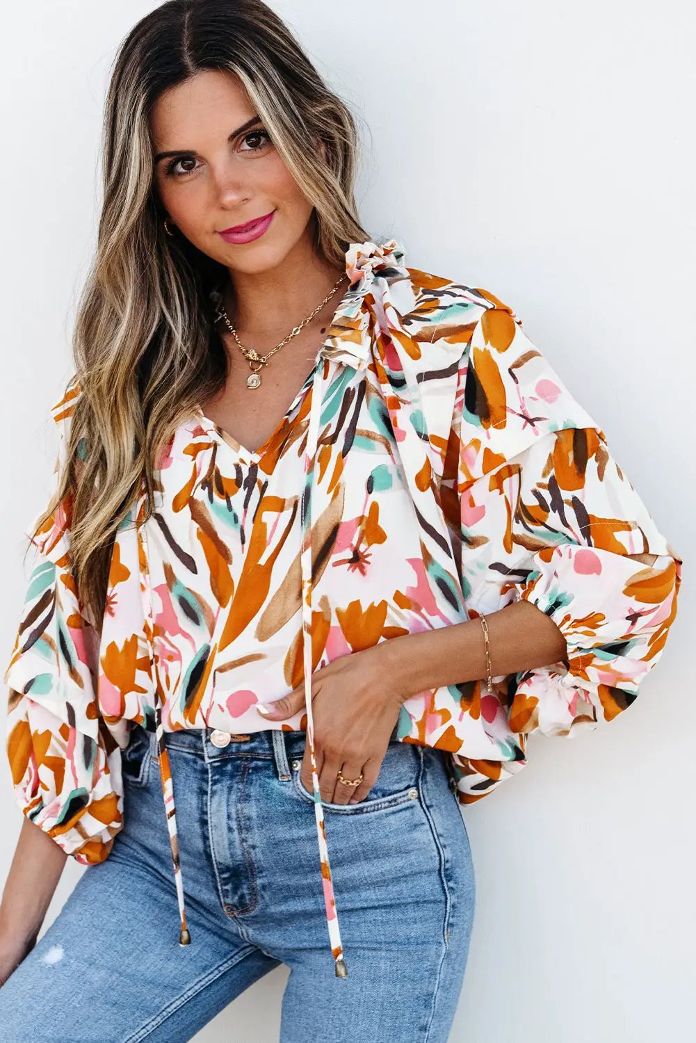 Grateful Threads Boutique Abstract Drawstring Frilled V Neck Blouse - Blouses Abstract Drawstring Blouse