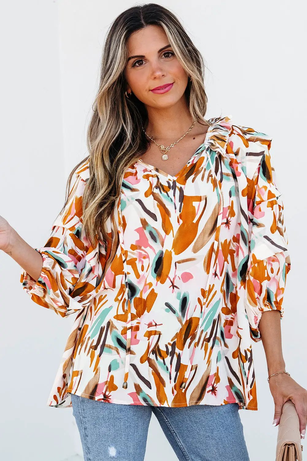 Grateful Threads Boutique Abstract Drawstring Frilled V Neck Blouse - Blouses Abstract Drawstring Blouse