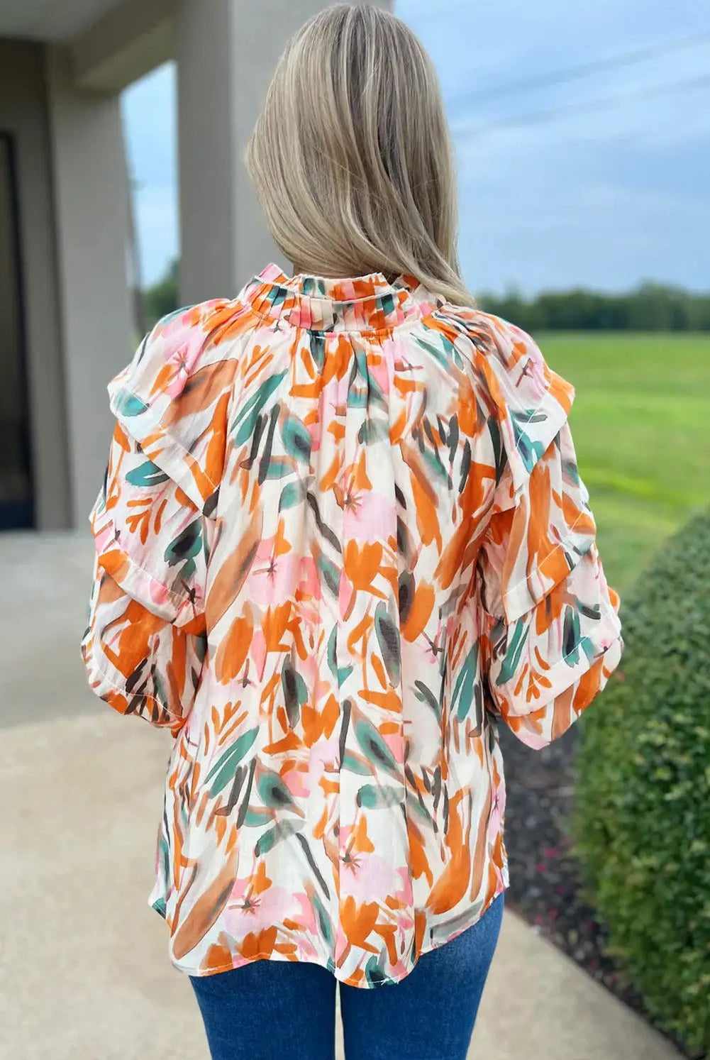 Grateful Threads Boutique Abstract Drawstring Frilled V Neck Blouse - Blouses Abstract Drawstring Blouse