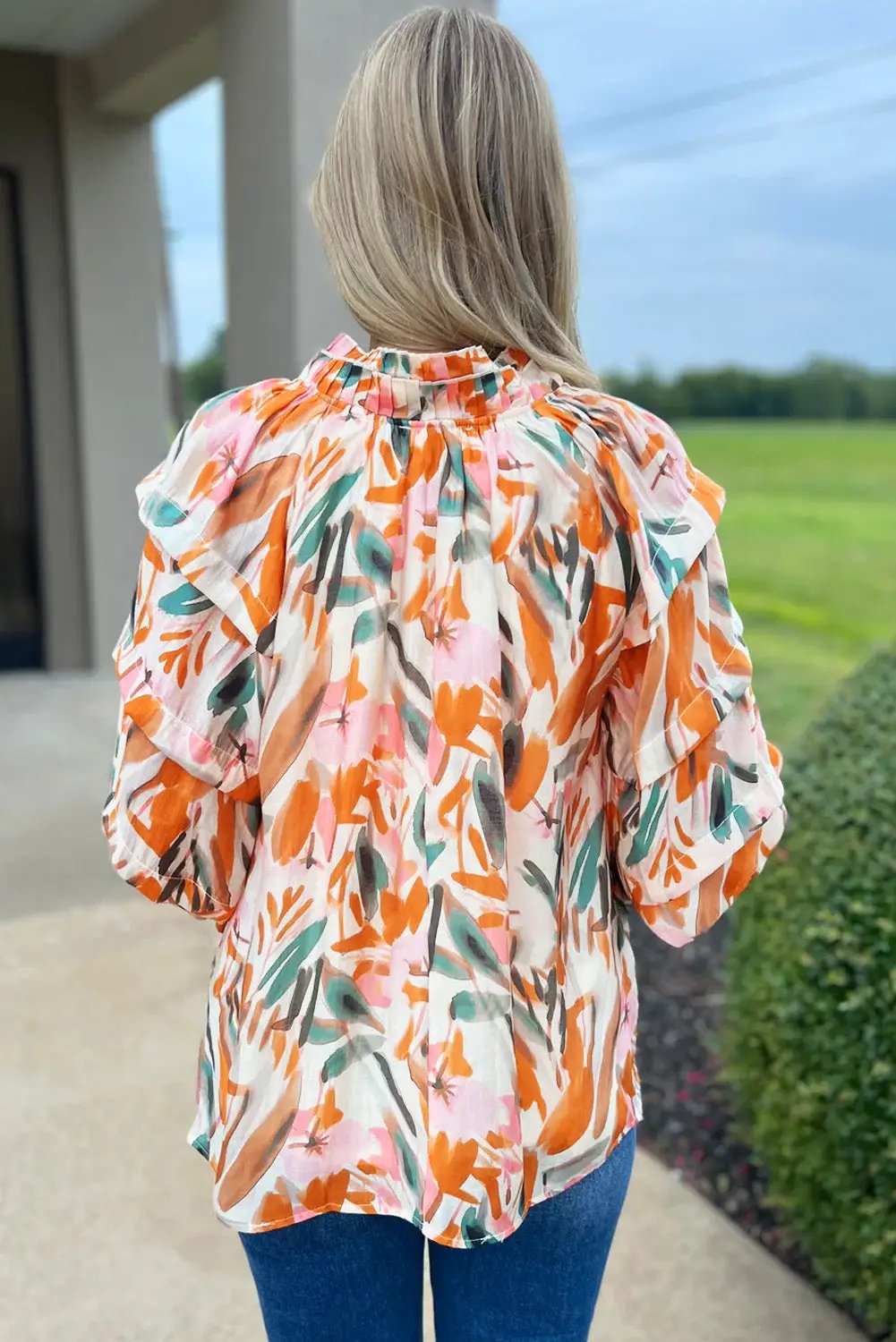 Grateful Threads Boutique Abstract Drawstring Frilled V Neck Blouse - Blouses Abstract Drawstring Blouse