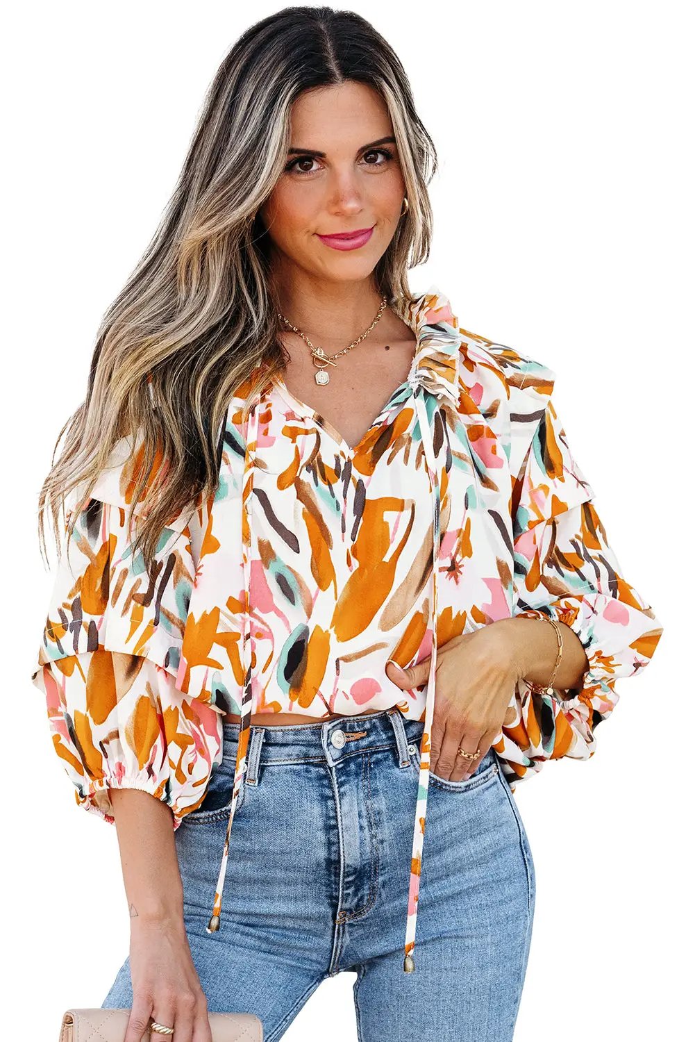 Grateful Threads Boutique Abstract Drawstring Frilled V Neck Blouse - Blouses Abstract Drawstring Blouse