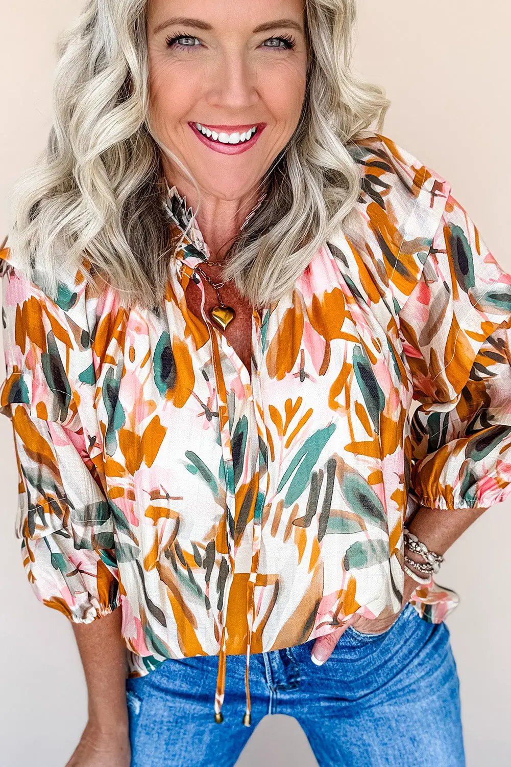 Grateful Threads Boutique Abstract Drawstring Frilled V Neck Blouse - Blouses Abstract Drawstring Blouse