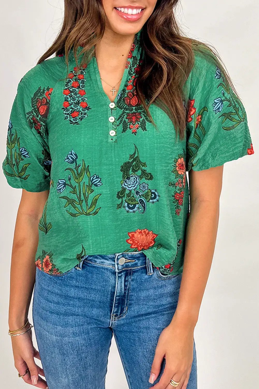 Grateful Threads Boutique Evergreen Bloom Buttoned V-Neck Floral Blouse - Blouses green floral print buttoned v neck blouse