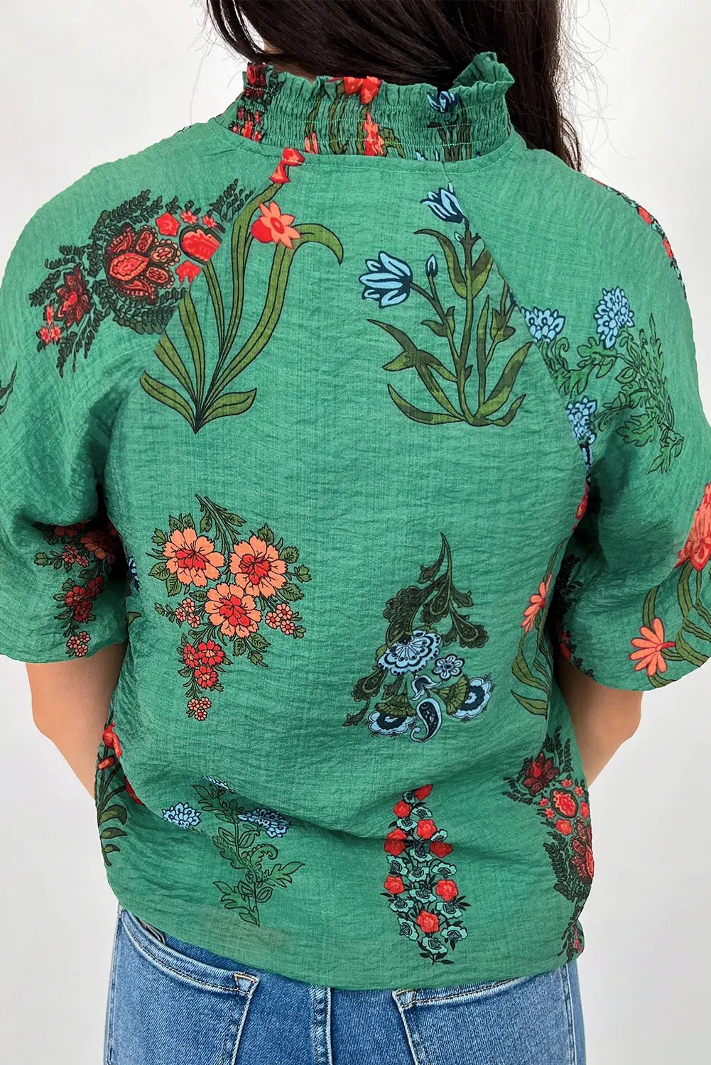 Grateful Threads Boutique Evergreen Bloom Buttoned V-Neck Floral Blouse - Blouses green floral print buttoned v neck blouse