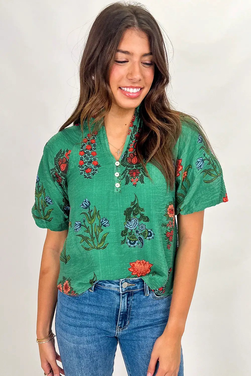 Grateful Threads Boutique Evergreen Bloom Buttoned V-Neck Floral Blouse - Blouses green floral print buttoned v neck blouse