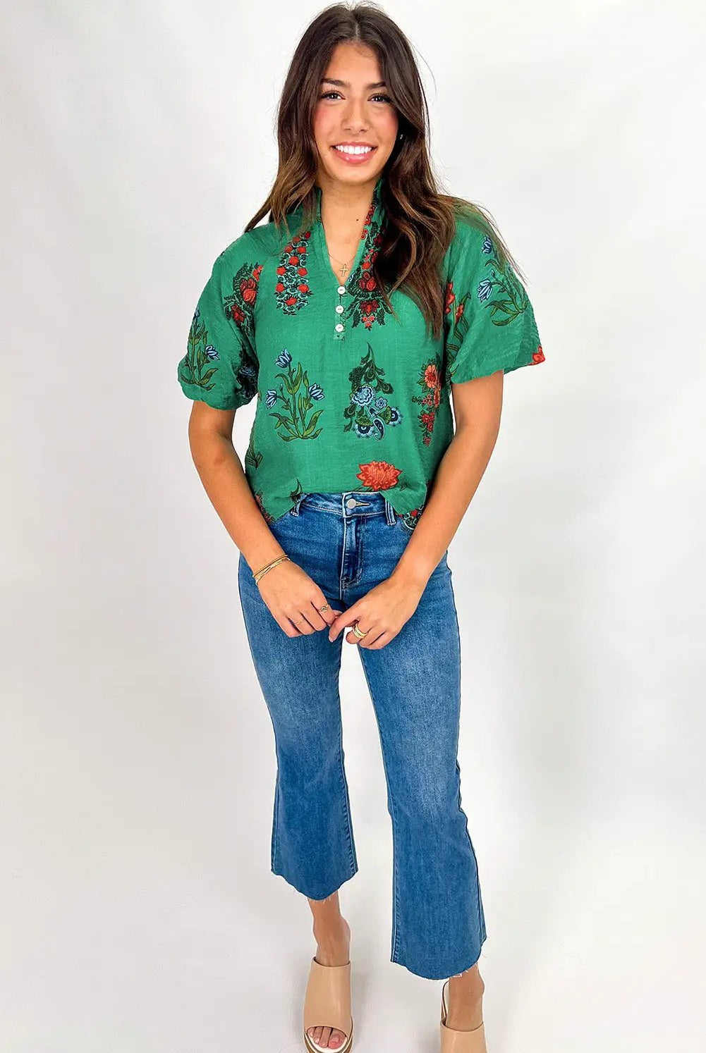 Grateful Threads Boutique Evergreen Bloom Buttoned V-Neck Floral Blouse - Blouses green floral print buttoned v neck blouse