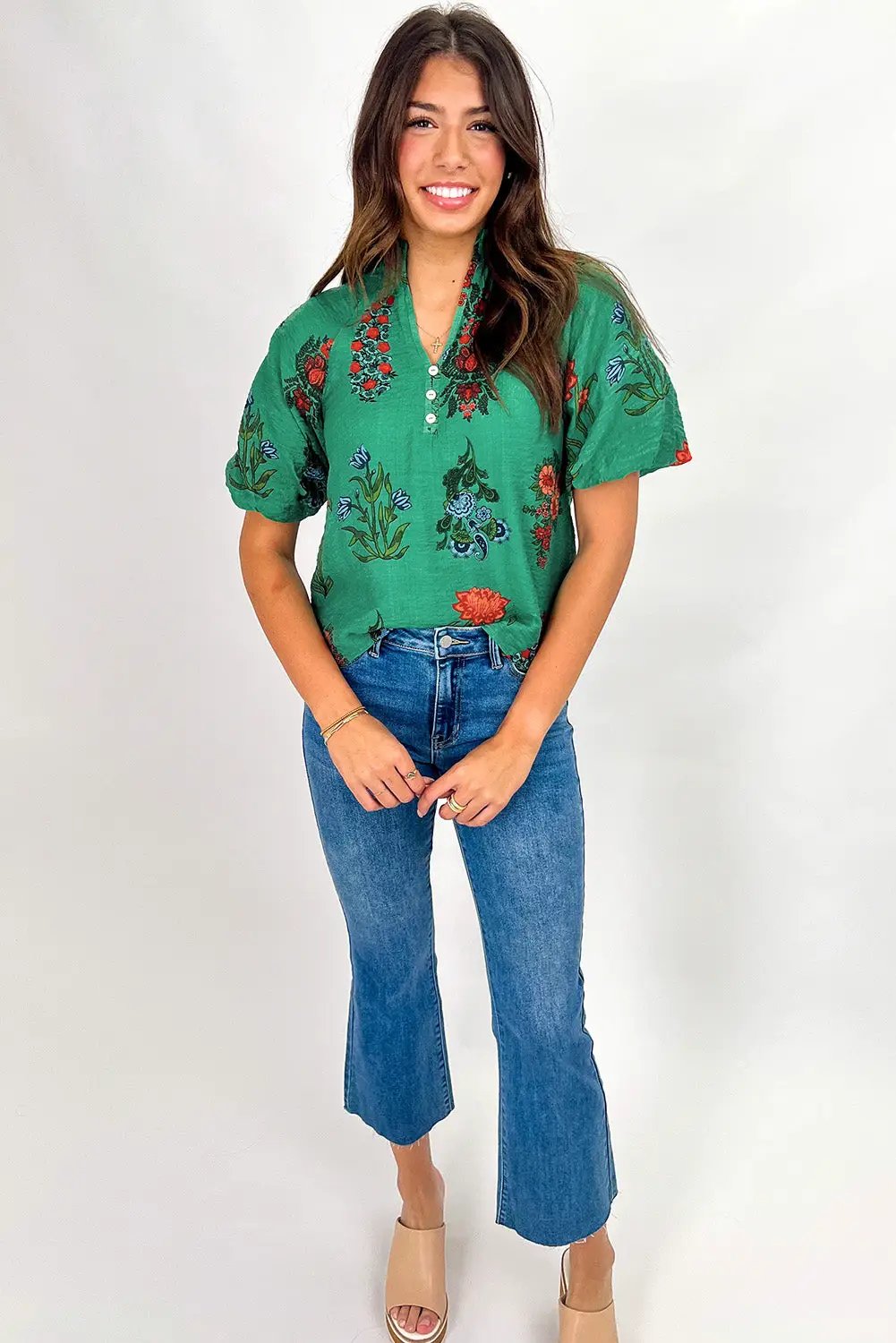 Grateful Threads Boutique Evergreen Bloom Buttoned V-Neck Floral Blouse - Blouses green floral print buttoned v neck blouse