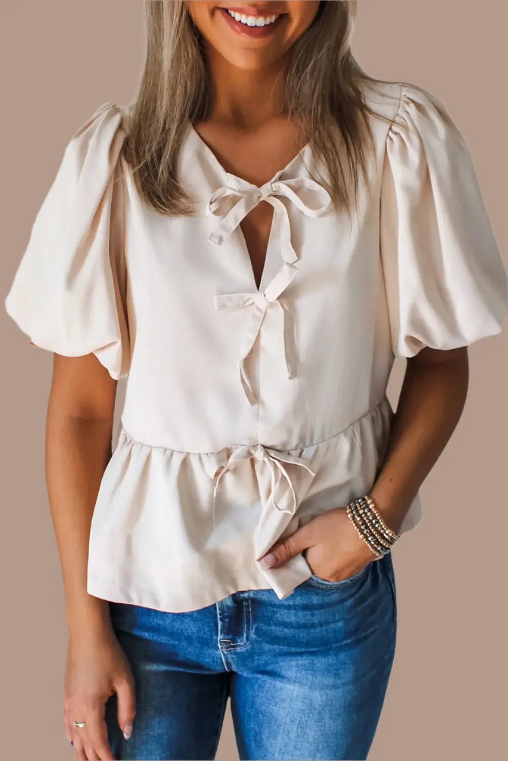 Grateful Threads Boutique White Bow Tie Short Puff Sleeve Ruffle Hem Blouse - Blouses white bow tie ruffle hem short shirt
