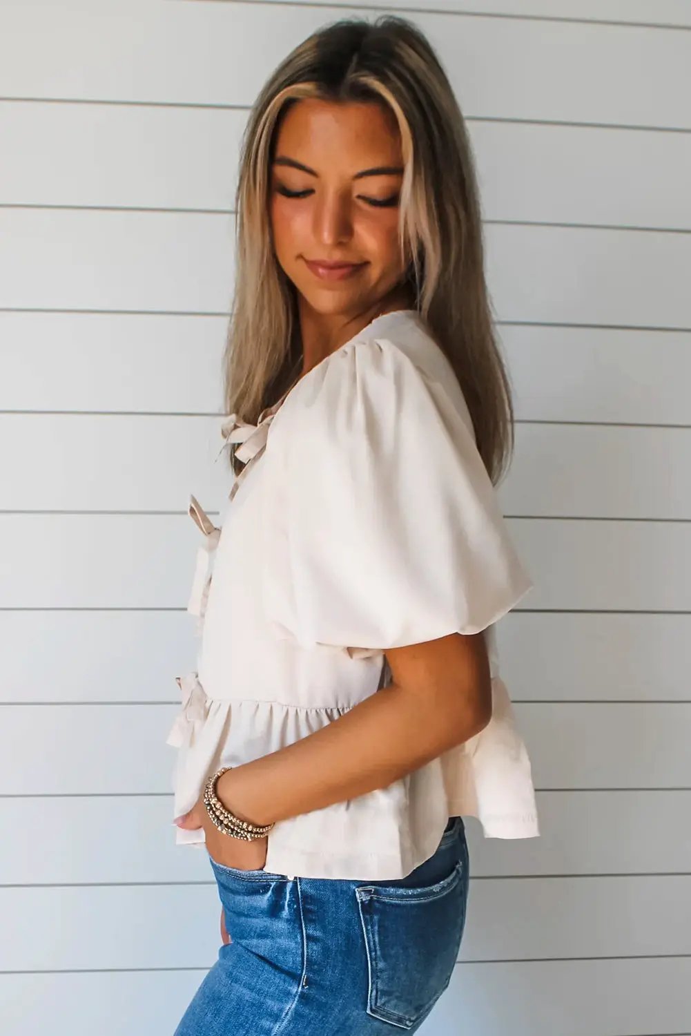 Grateful Threads Boutique White Bow Tie Short Puff Sleeve Ruffle Hem Blouse - Blouses white bow tie ruffle hem short shirt
