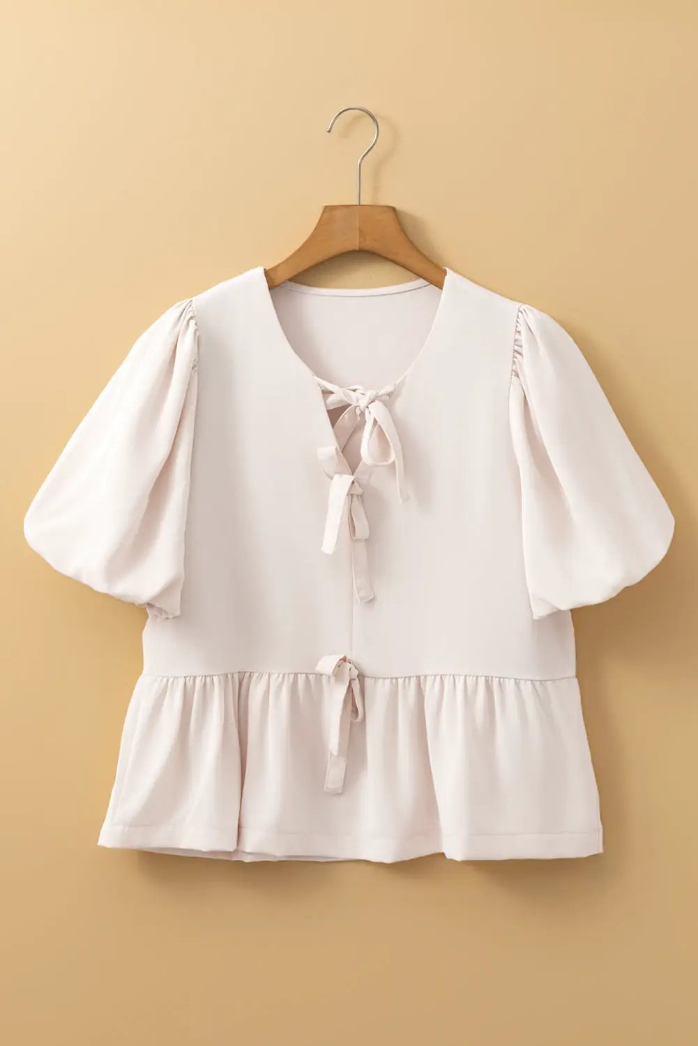 Grateful Threads Boutique White Bow Tie Short Puff Sleeve Ruffle Hem Blouse - Blouses white bow tie ruffle hem short shirt