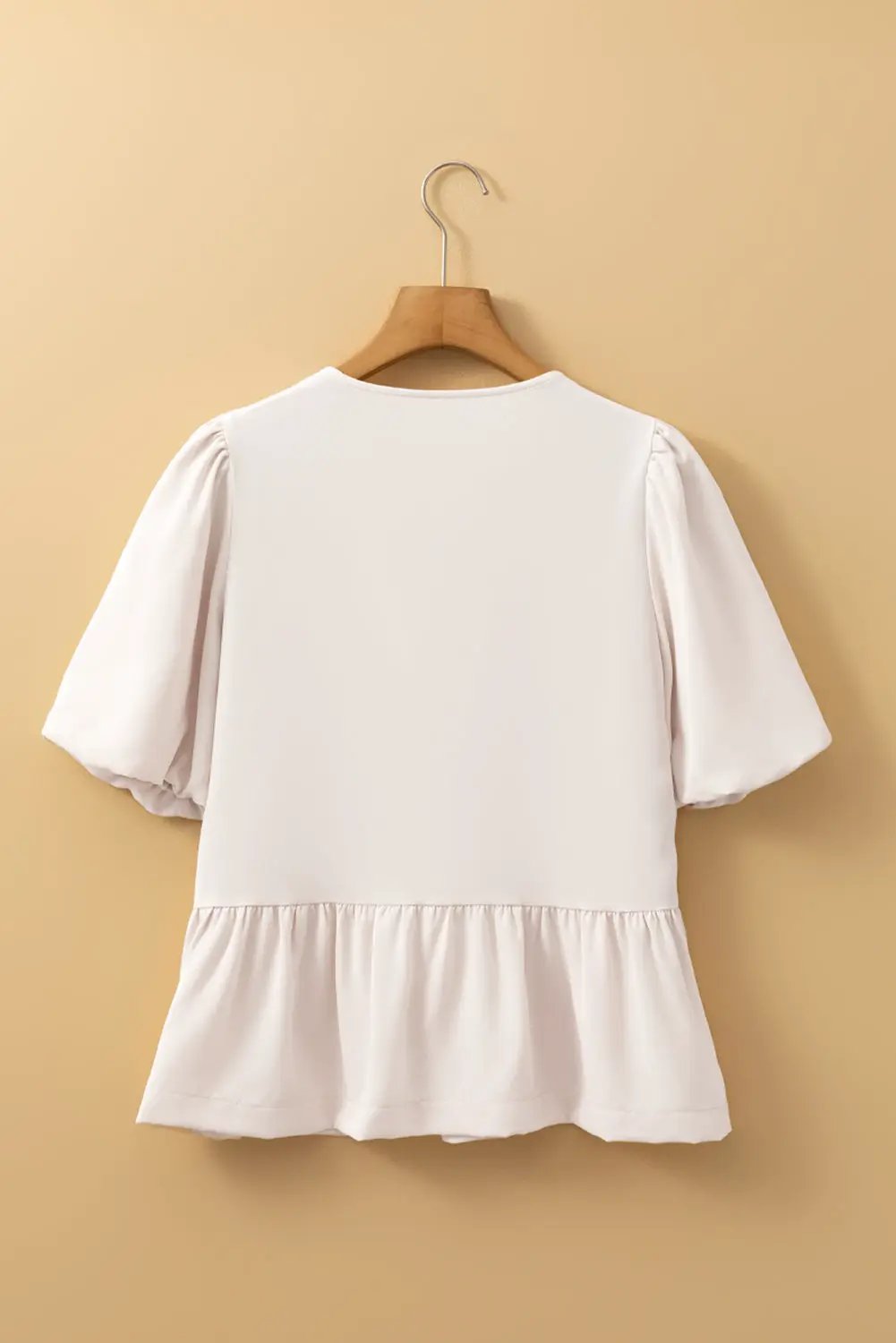 Grateful Threads Boutique White Bow Tie Short Puff Sleeve Ruffle Hem Blouse - Blouses white bow tie ruffle hem short shirt