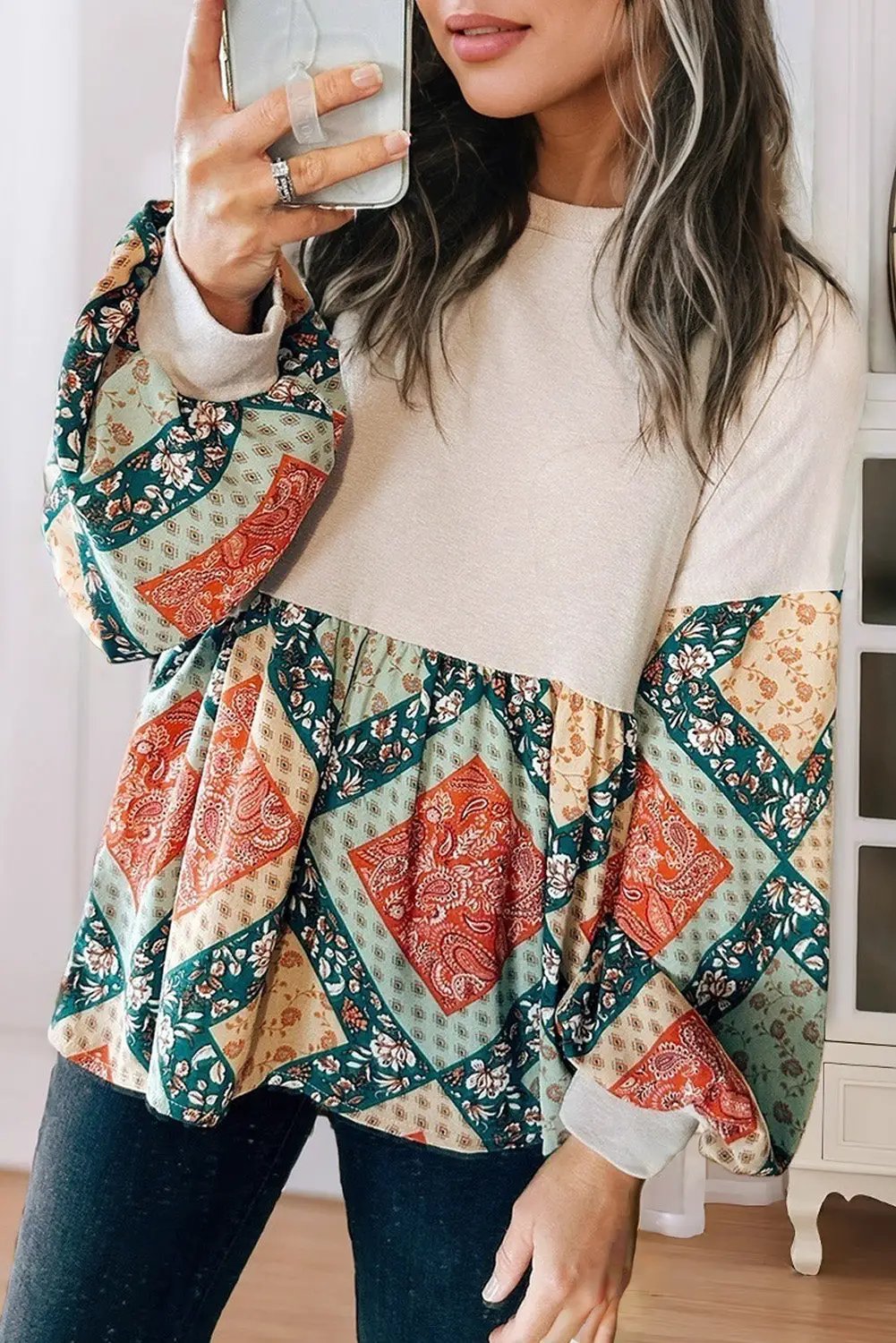 Grateful Threads Boutique Jet Stream Paisley Geometric Patchwork Crew Neck Loose Fit Top - Tunics Jet Stream Paisley Geometric Patchwork Crew Neck Loose Fit Top