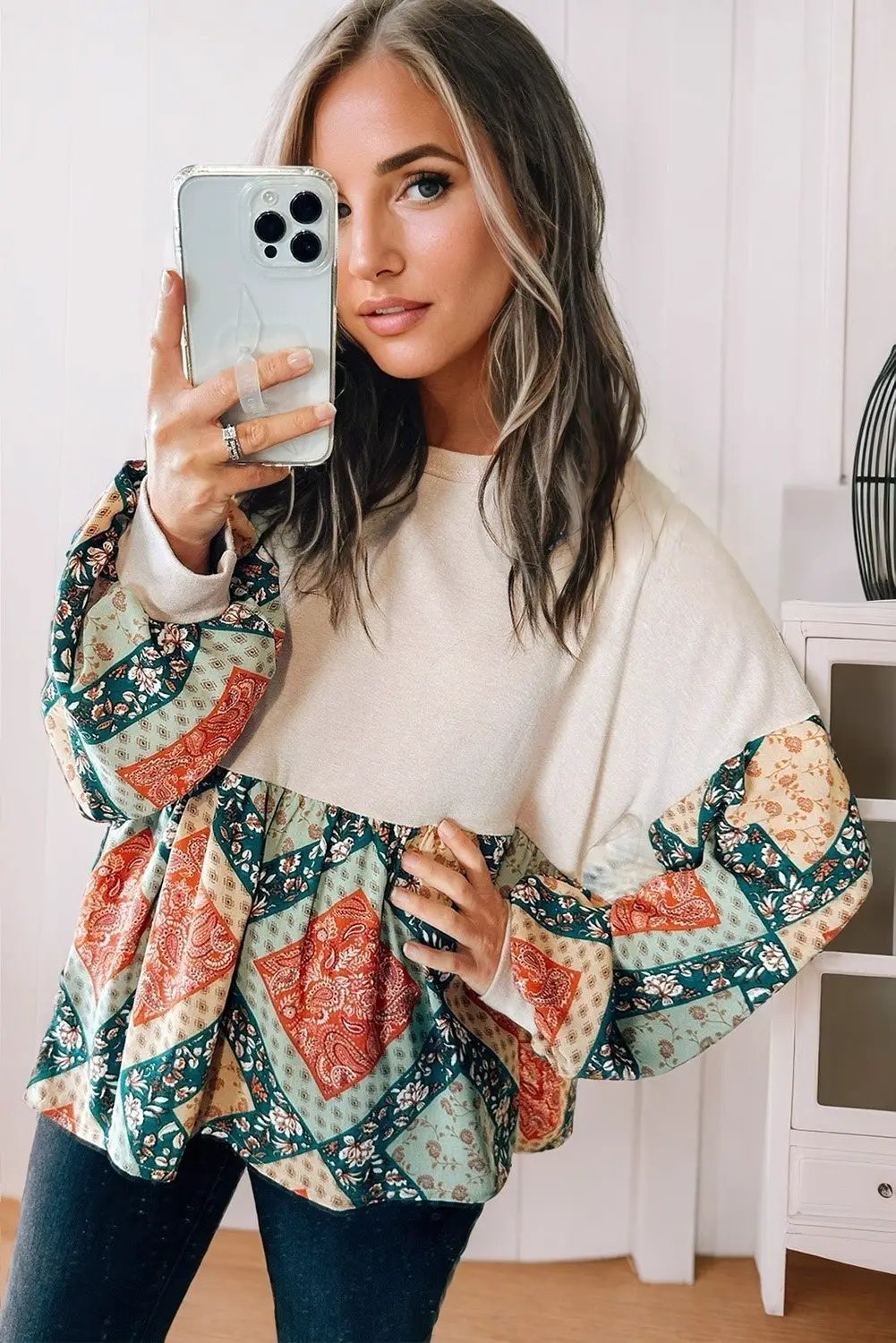 Grateful Threads Boutique Jet Stream Paisley Geometric Patchwork Crew Neck Loose Fit Top - Tunics Jet Stream Paisley Geometric Patchwork Crew Neck Loose Fit Top