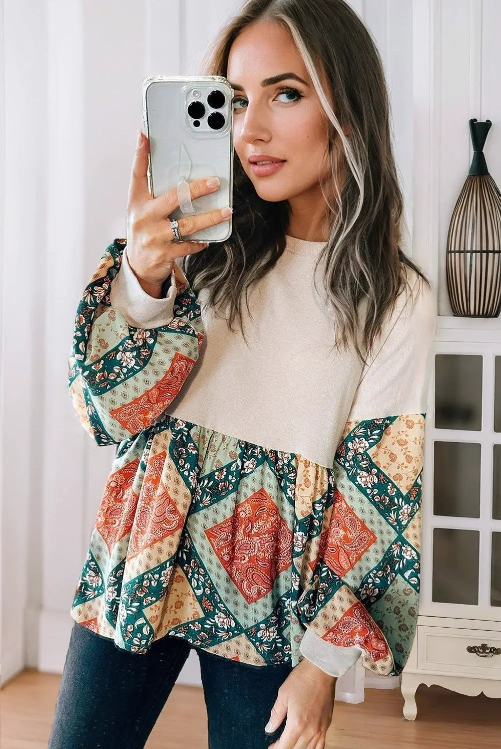Grateful Threads Boutique Jet Stream Paisley Geometric Patchwork Crew Neck Loose Fit Top - Tunics Jet Stream Paisley Geometric Patchwork Crew Neck Loose Fit Top