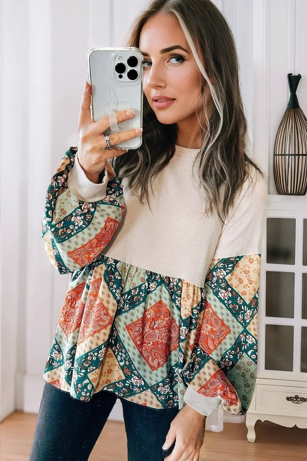 Grateful Threads Boutique Jet Stream Paisley Geometric Patchwork Crew Neck Loose Fit Top - Tunics Jet Stream Paisley Geometric Patchwork Crew Neck Loose Fit Top