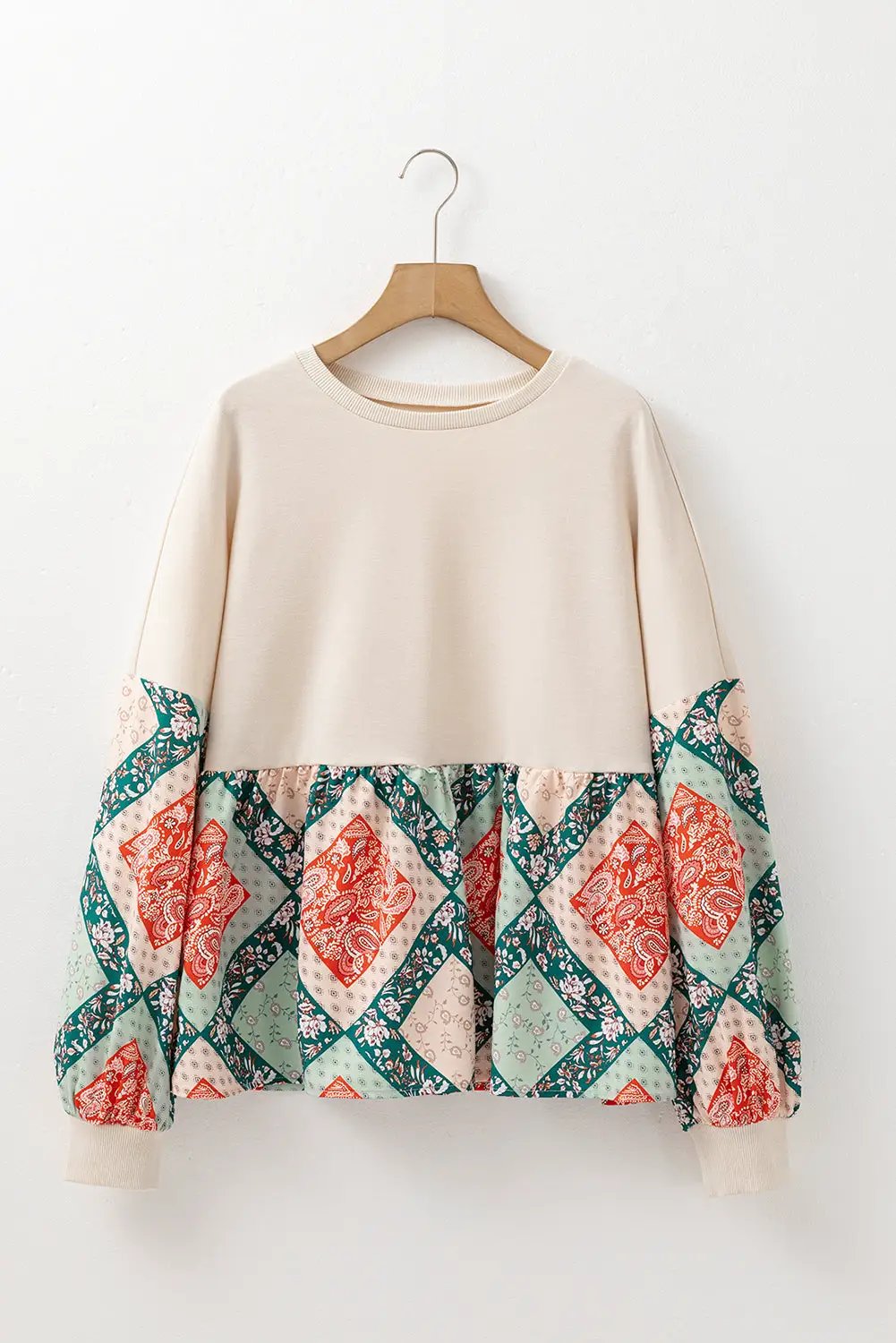 Grateful Threads Boutique Jet Stream Paisley Geometric Patchwork Crew Neck Loose Fit Top - Tunics Jet Stream Paisley Geometric Patchwork Crew Neck Loose Fit Top
