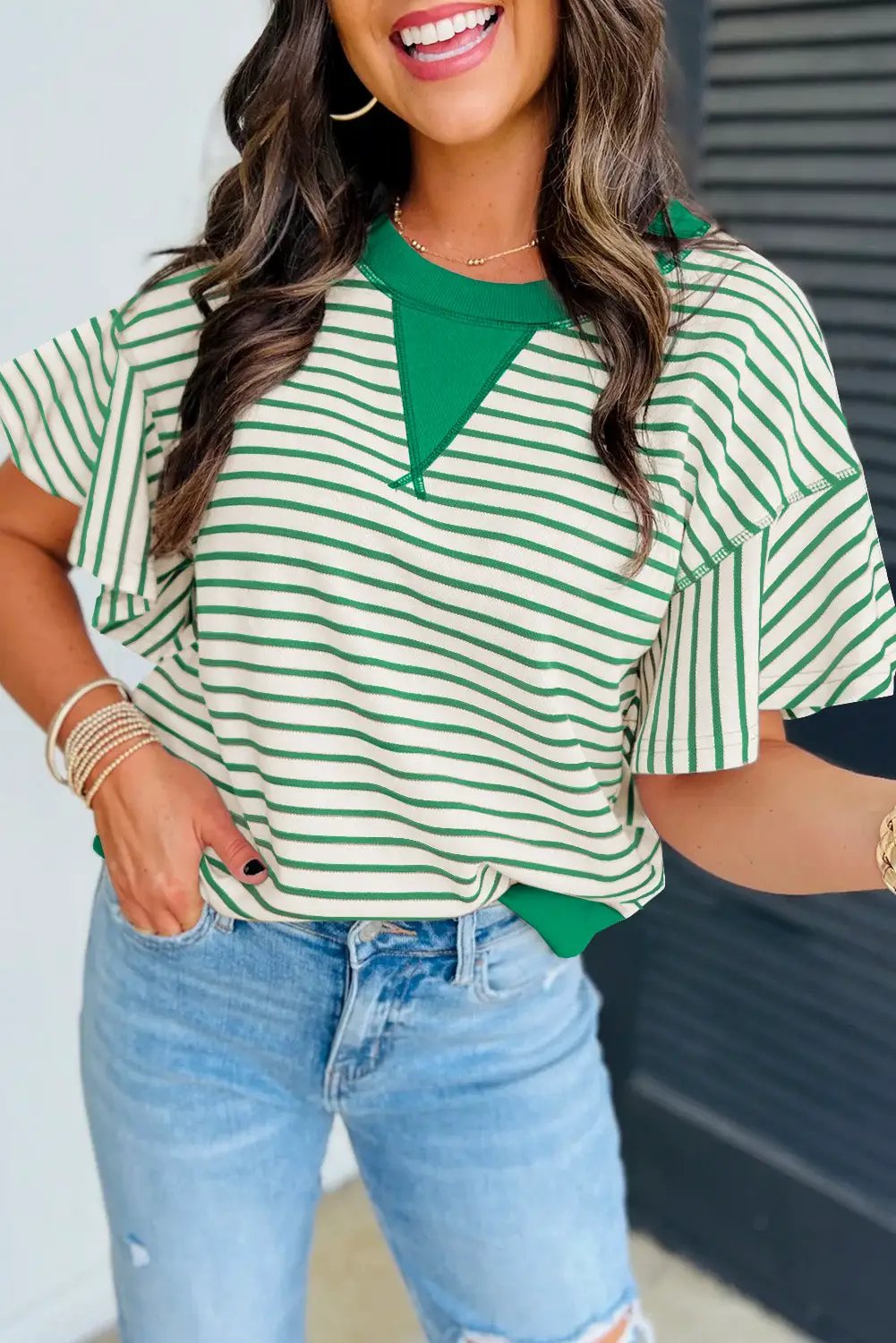Grateful Threads Boutique Bright Green Contrast Detail Striped Ruffle Short Sleeve Top - Blouses Bright Green Contrast Detail Striped Ruffle Short Sleeve Top