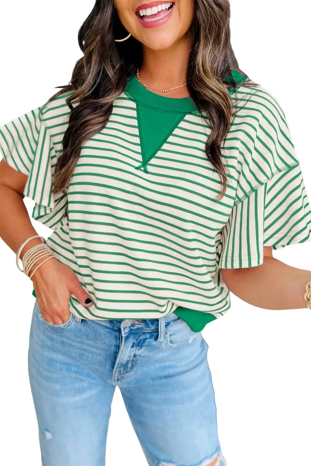 Grateful Threads Boutique Bright Green Contrast Detail Striped Ruffle Short Sleeve Top - Blouses Bright Green Contrast Detail Striped Ruffle Short Sleeve Top