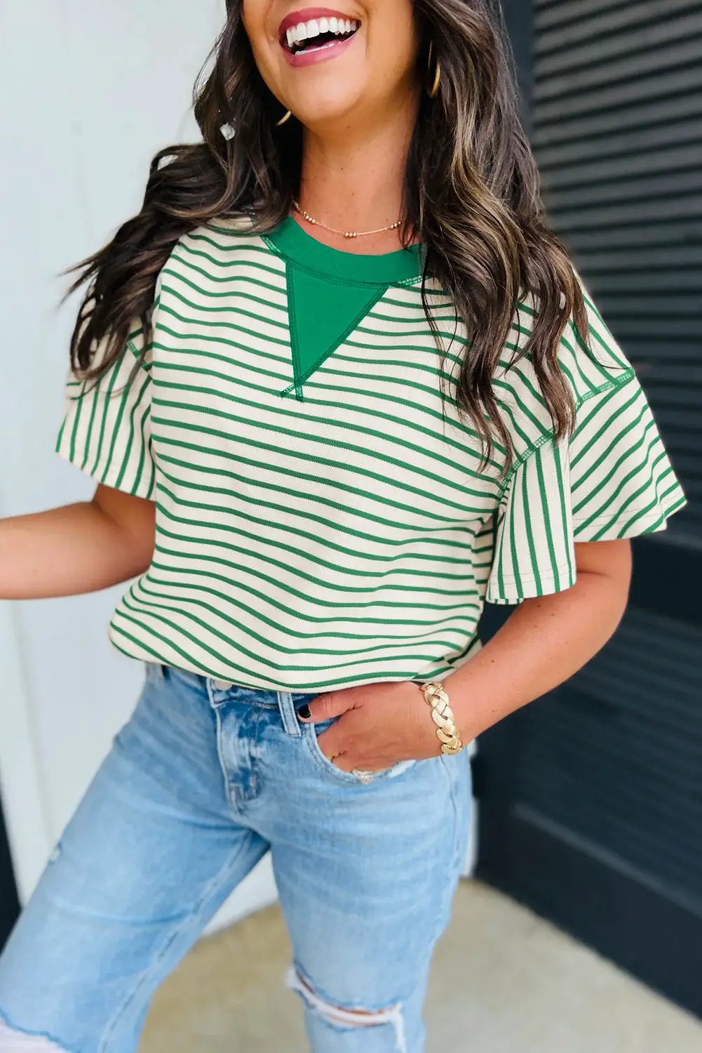 Grateful Threads Boutique Bright Green Contrast Detail Striped Ruffle Short Sleeve Top - Blouses Bright Green Contrast Detail Striped Ruffle Short Sleeve Top
