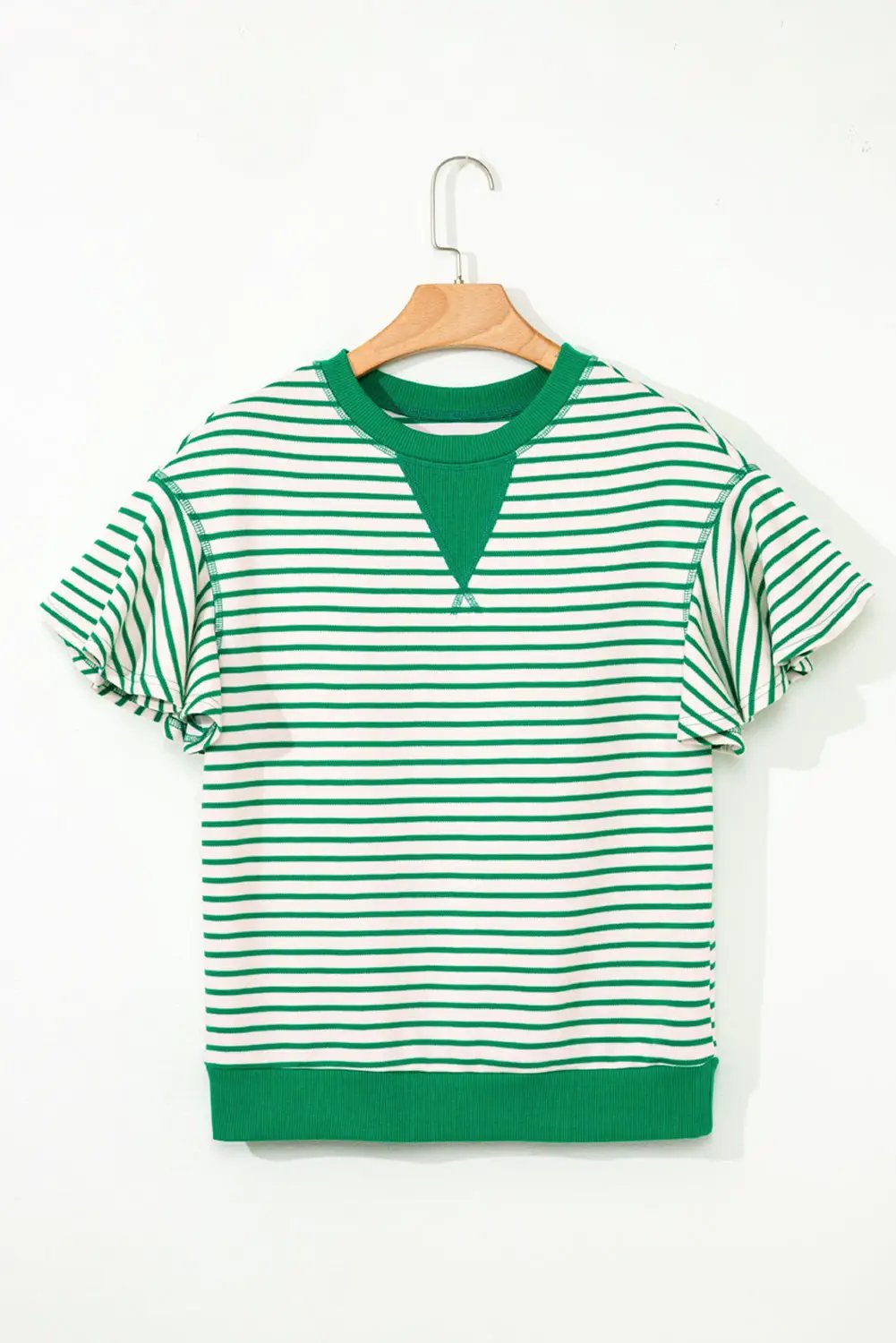 Grateful Threads Boutique Bright Green Contrast Detail Striped Ruffle Short Sleeve Top - Blouses Bright Green Contrast Detail Striped Ruffle Short Sleeve Top