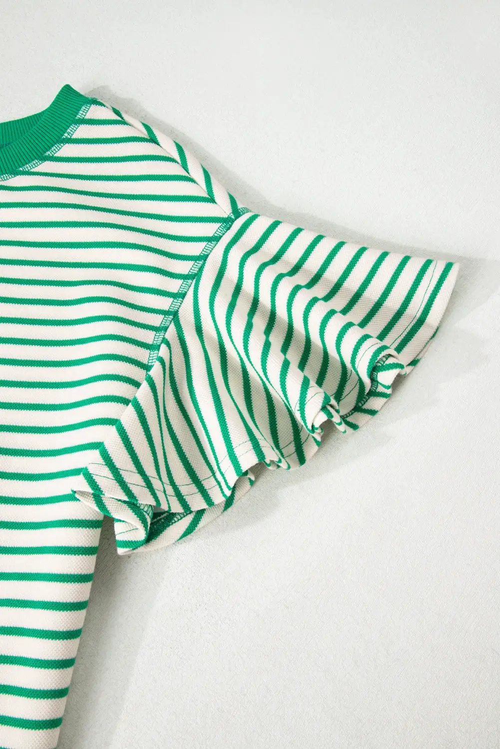 Grateful Threads Boutique Bright Green Contrast Detail Striped Ruffle Short Sleeve Top - Blouses Bright Green Contrast Detail Striped Ruffle Short Sleeve Top