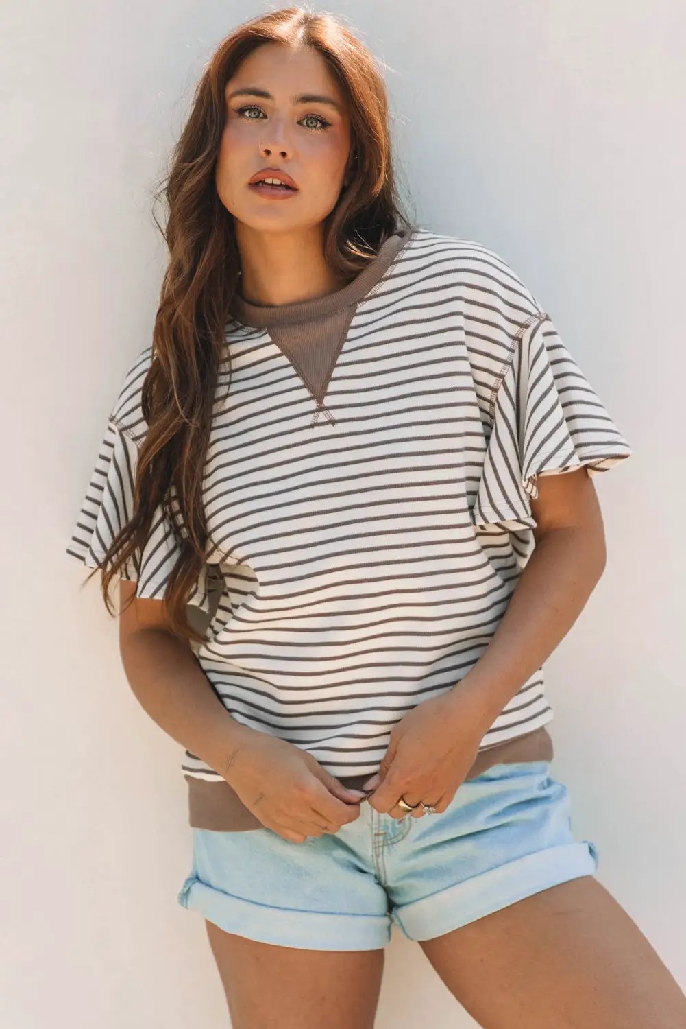 Grateful Threads Boutique Parchment Contrast Detail Striped Ruffle Short Sleeve Top - Shirts Parchment Contrast Detail Striped Ruffle Short Sleeve Top