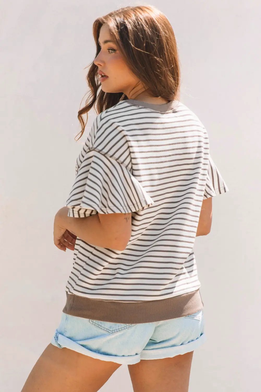 Grateful Threads Boutique Parchment Contrast Detail Striped Ruffle Short Sleeve Top - Shirts Parchment Contrast Detail Striped Ruffle Short Sleeve Top