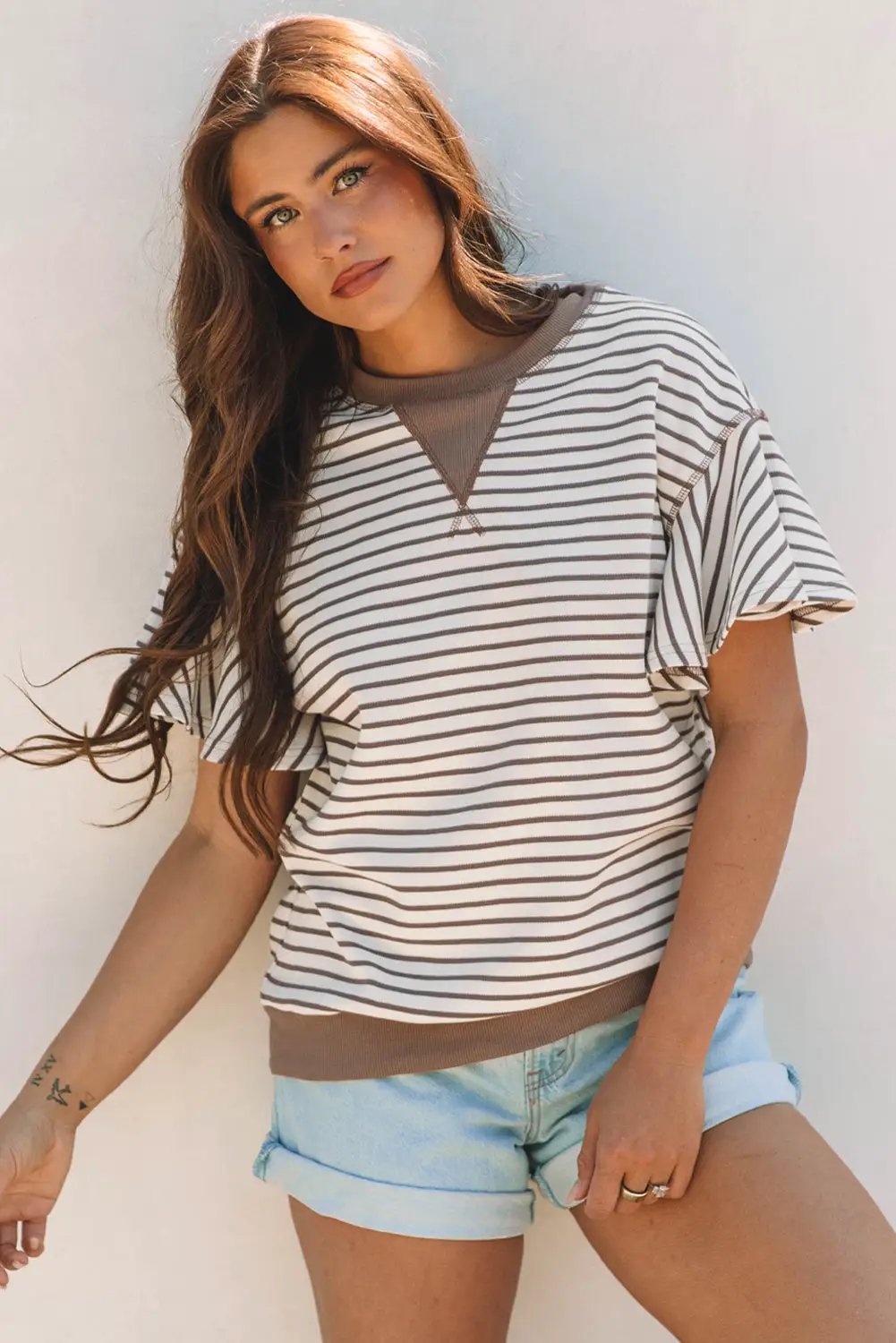Grateful Threads Boutique Parchment Contrast Detail Striped Ruffle Short Sleeve Top - Shirts Parchment Contrast Detail Striped Ruffle Short Sleeve Top