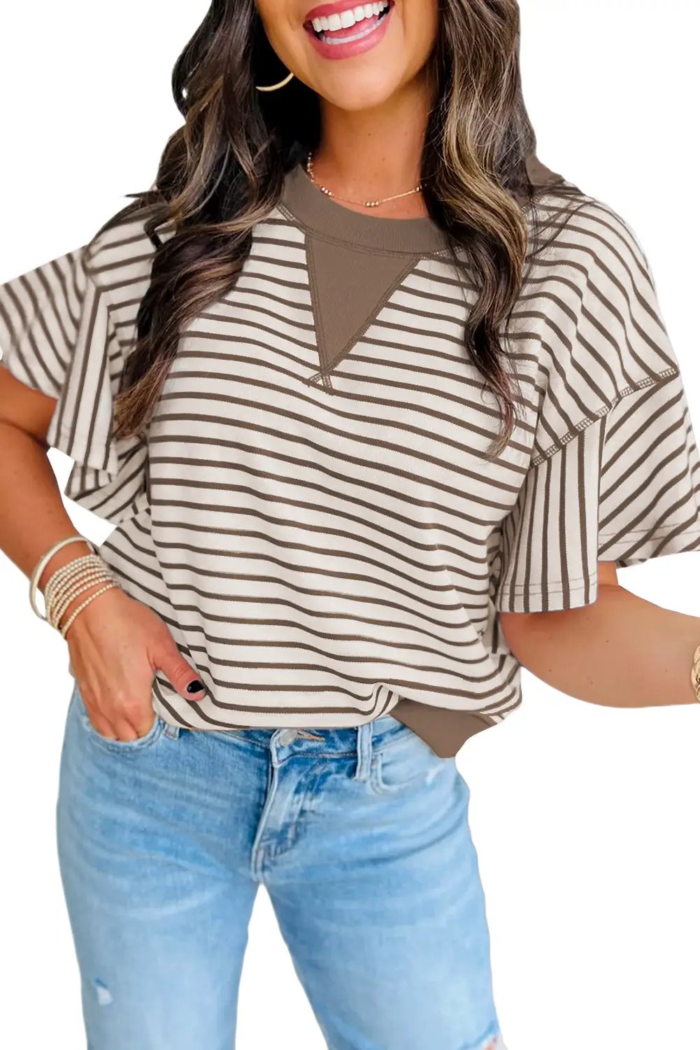 Grateful Threads Boutique Parchment Contrast Detail Striped Ruffle Short Sleeve Top - Shirts Parchment Contrast Detail Striped Ruffle Short Sleeve Top
