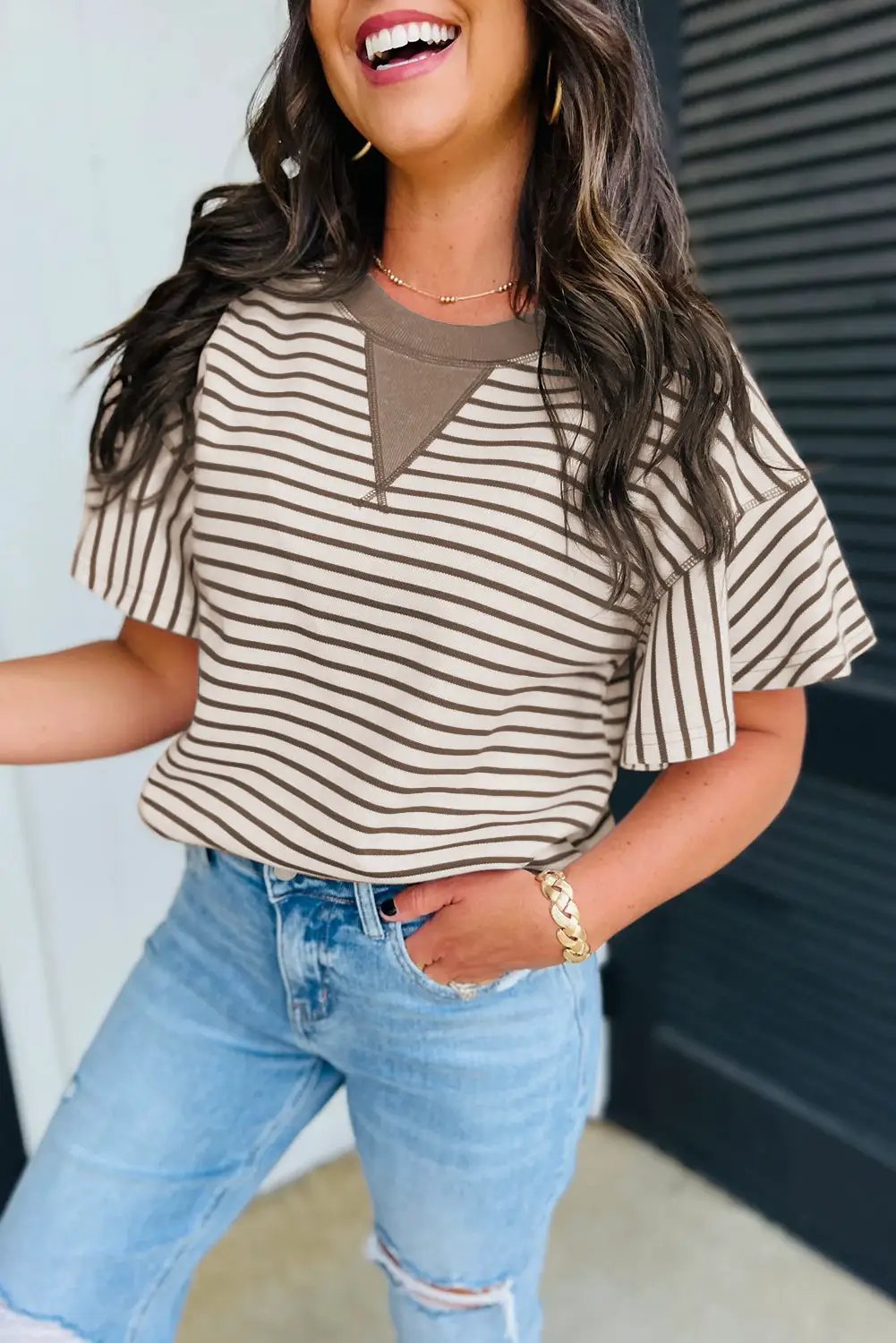 Grateful Threads Boutique Parchment Contrast Detail Striped Ruffle Short Sleeve Top - Shirts Parchment Contrast Detail Striped Ruffle Short Sleeve Top