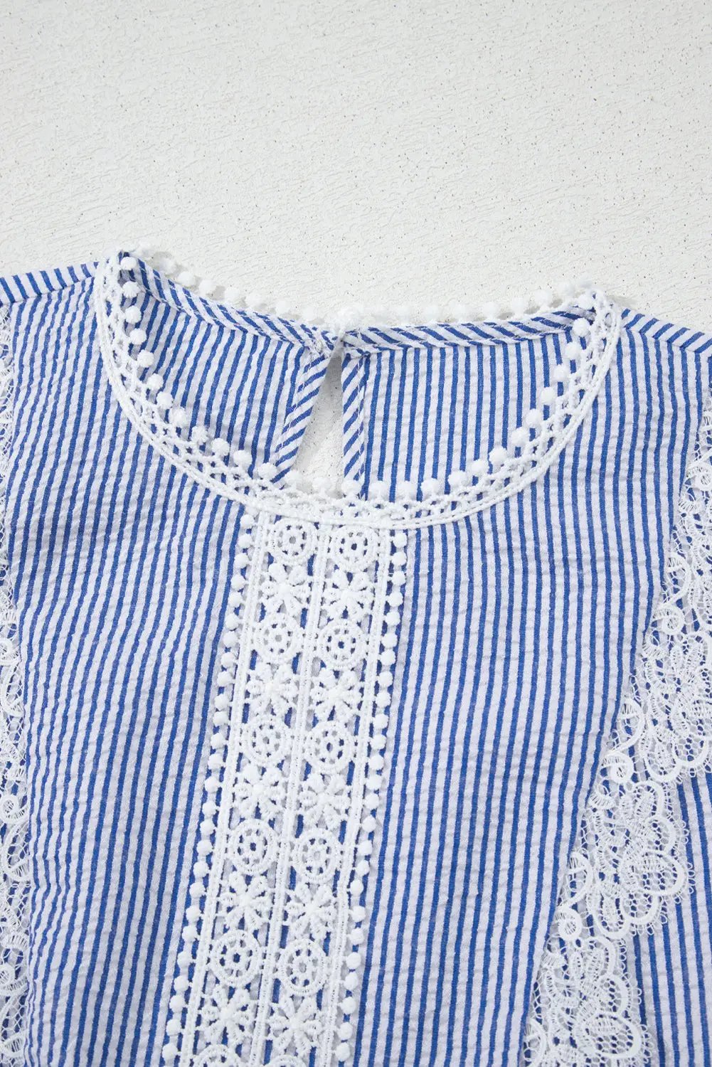 Grateful Threads Boutique Sky Blue Stripe Lace Patchwork Crew Neck Tank Top - Tank Tops Sky Blue Stripe Lace Patchwork Crew Neck Tank Top