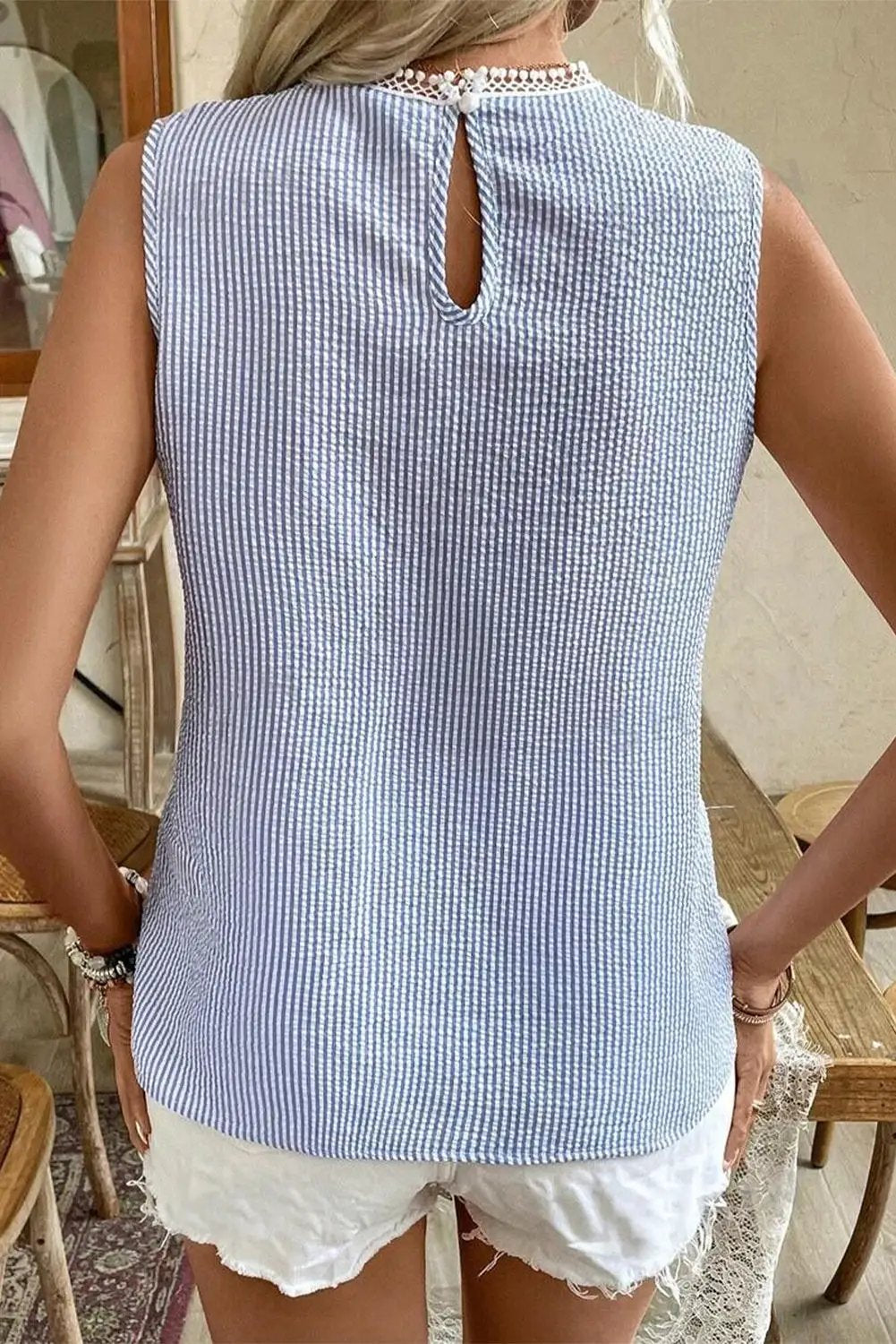 Grateful Threads Boutique Sky Blue Stripe Lace Patchwork Crew Neck Tank Top - Tank Tops Sky Blue Stripe Lace Patchwork Crew Neck Tank Top